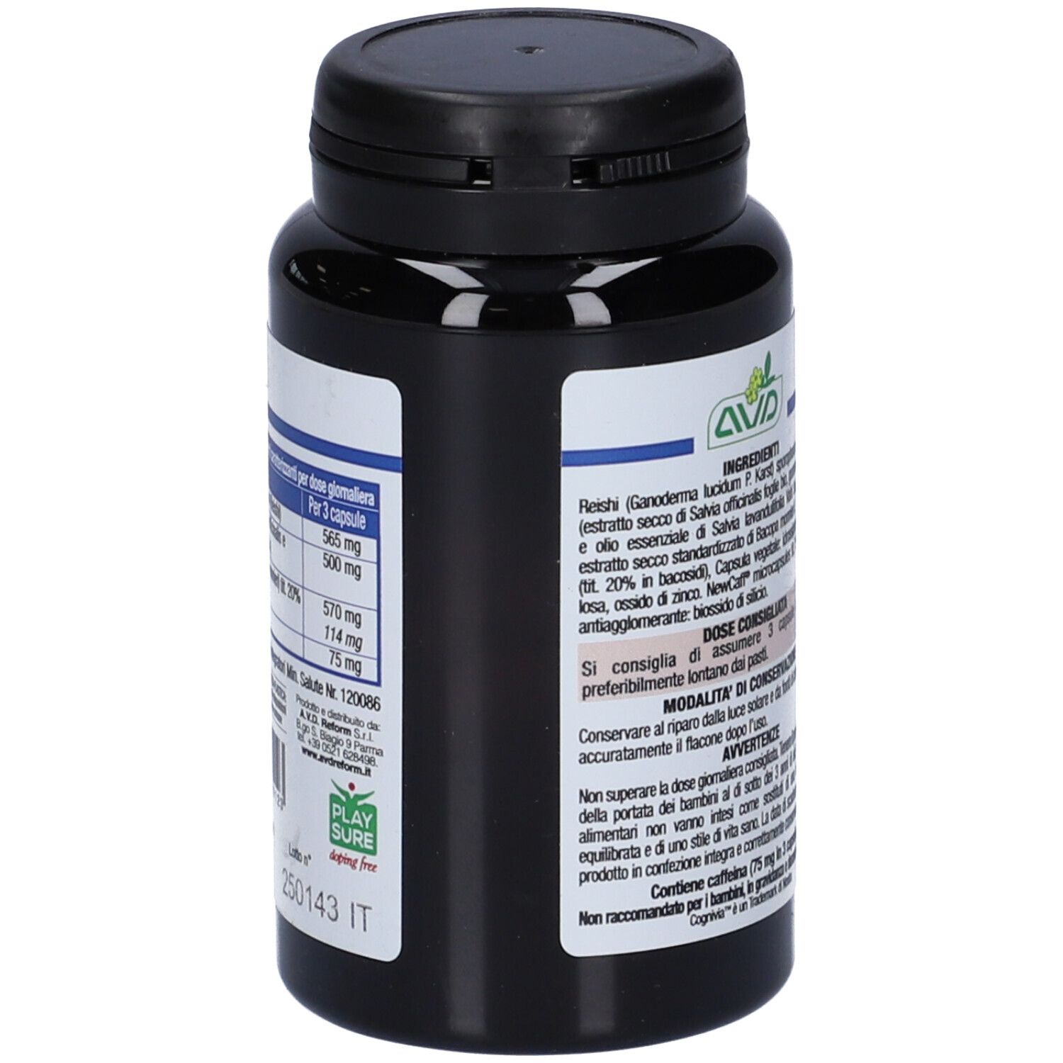 Flacone nero di capsule. Retro con ingredienti e dosaggio. Contiene 60 capsule.