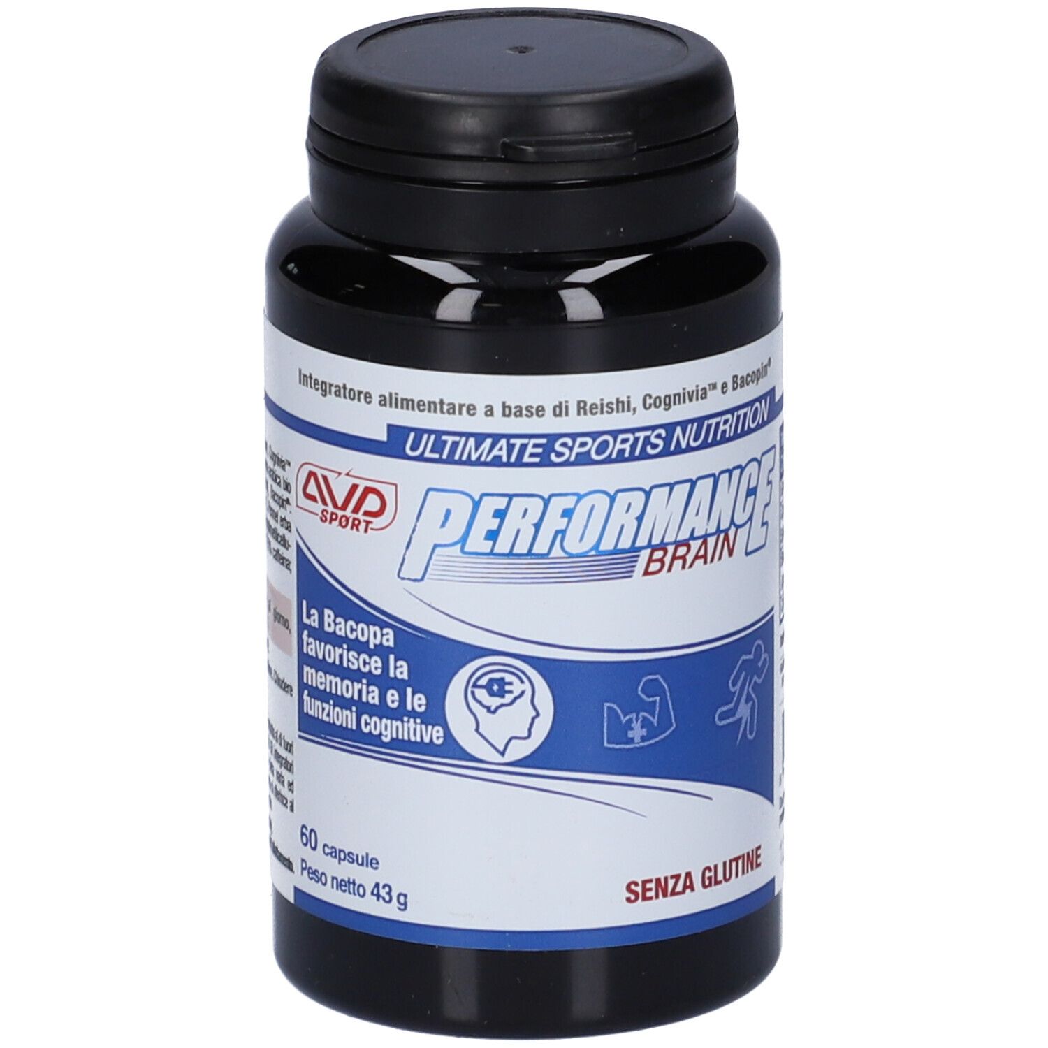 Flacone nero di capsule. Scritta: AVD Sport, Performance Brain. Contiene 60 capsule. Senza glutine.