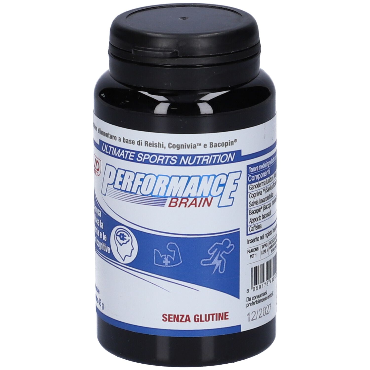 Flacone nero di capsule. Scritta: AVD Sport, Performance Brain. Contiene 60 capsule. Senza glutine. Scadenza.