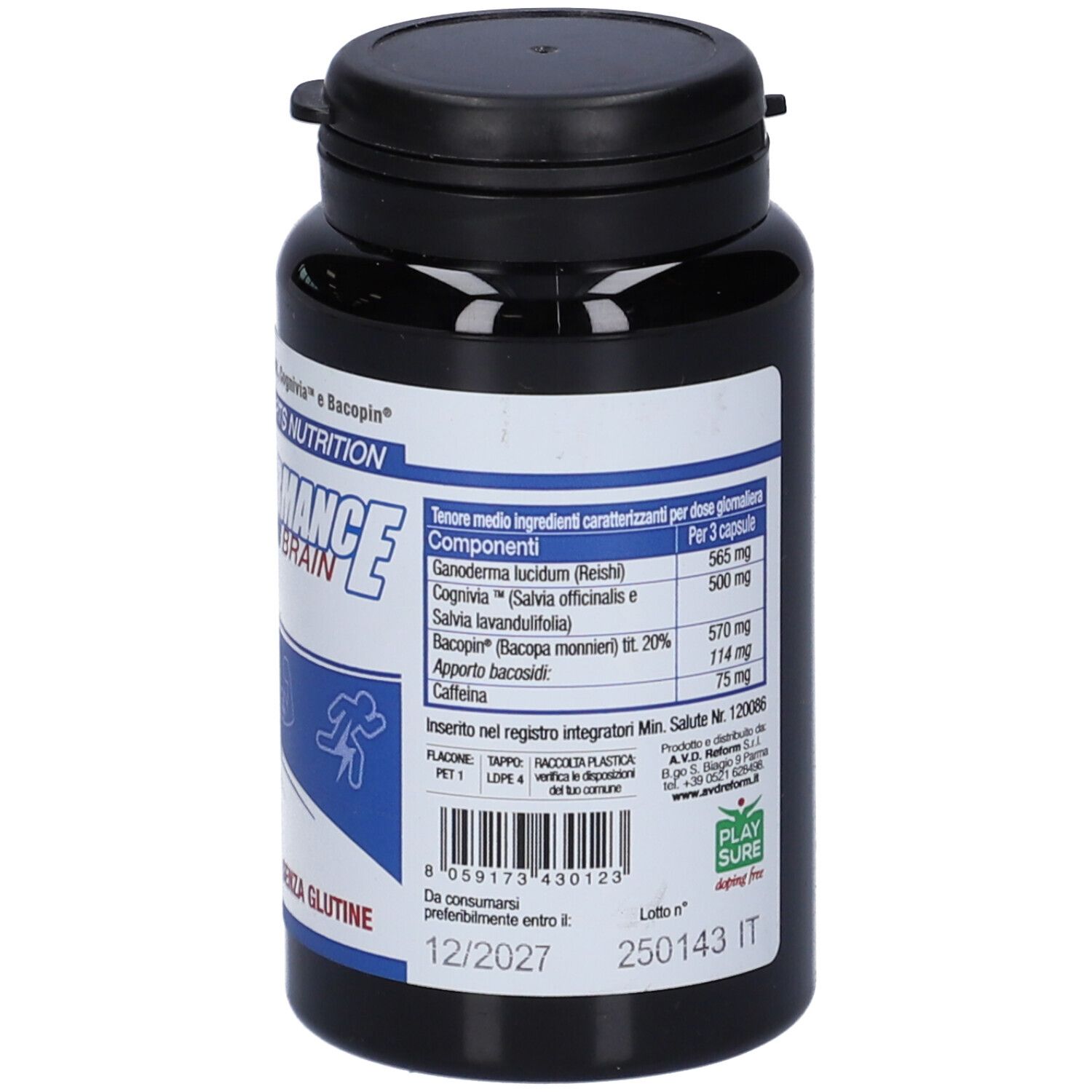 Flacone nero di capsule. Ingredienti e informazioni nutrizionali. Contiene 60 capsule. Scadenza.