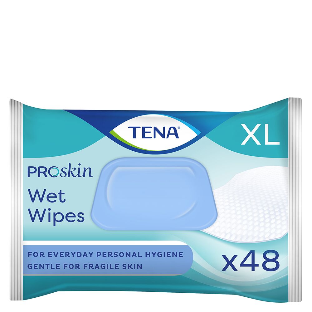 Confezione di salviette umidificate TENA ProSkin. Design blu e bianco. Testo: ProSkin Wet Wipes, 3in1, per l'igiene quotidiana. Confezione XL da 48 salviette.