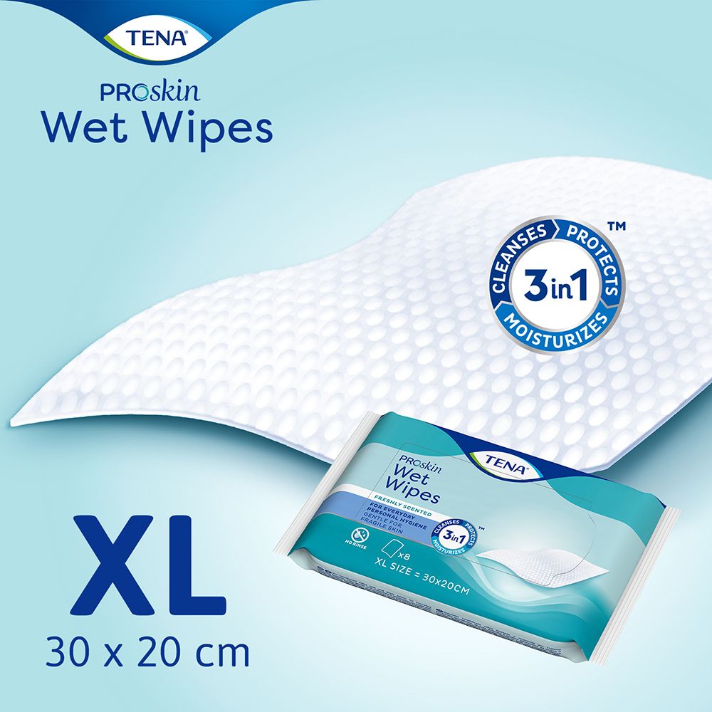 Confezione e salviette singole TENA ProSkin Wet Wipes. Testo: 3in1, deterge, protegge, idrata. XL, 30 x 20 cm. Design blu e bianco.