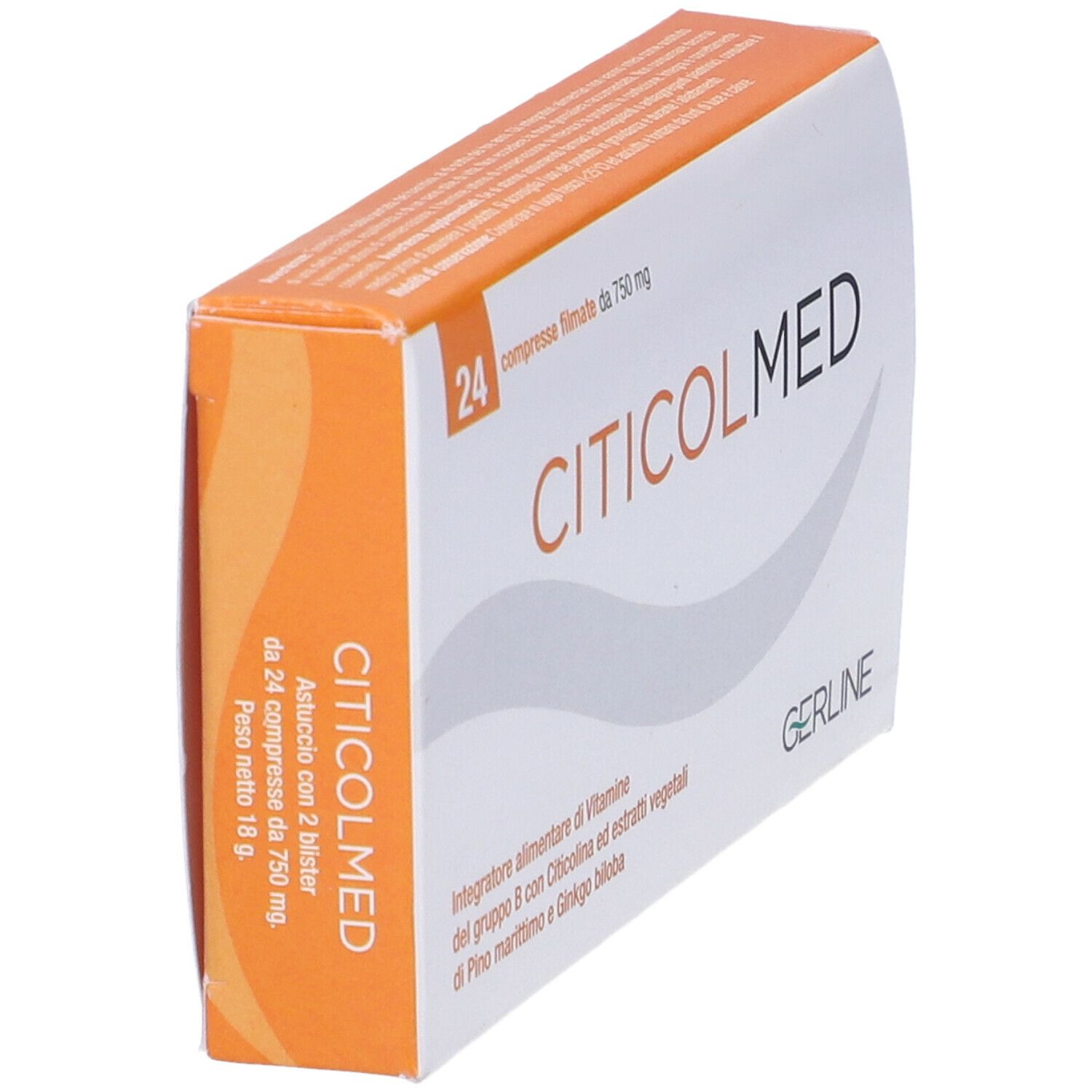 Scatola di Citicolmed, 24 compresse. Confezione bianca con dettagli arancioni. Nome del prodotto e marchio visibili.