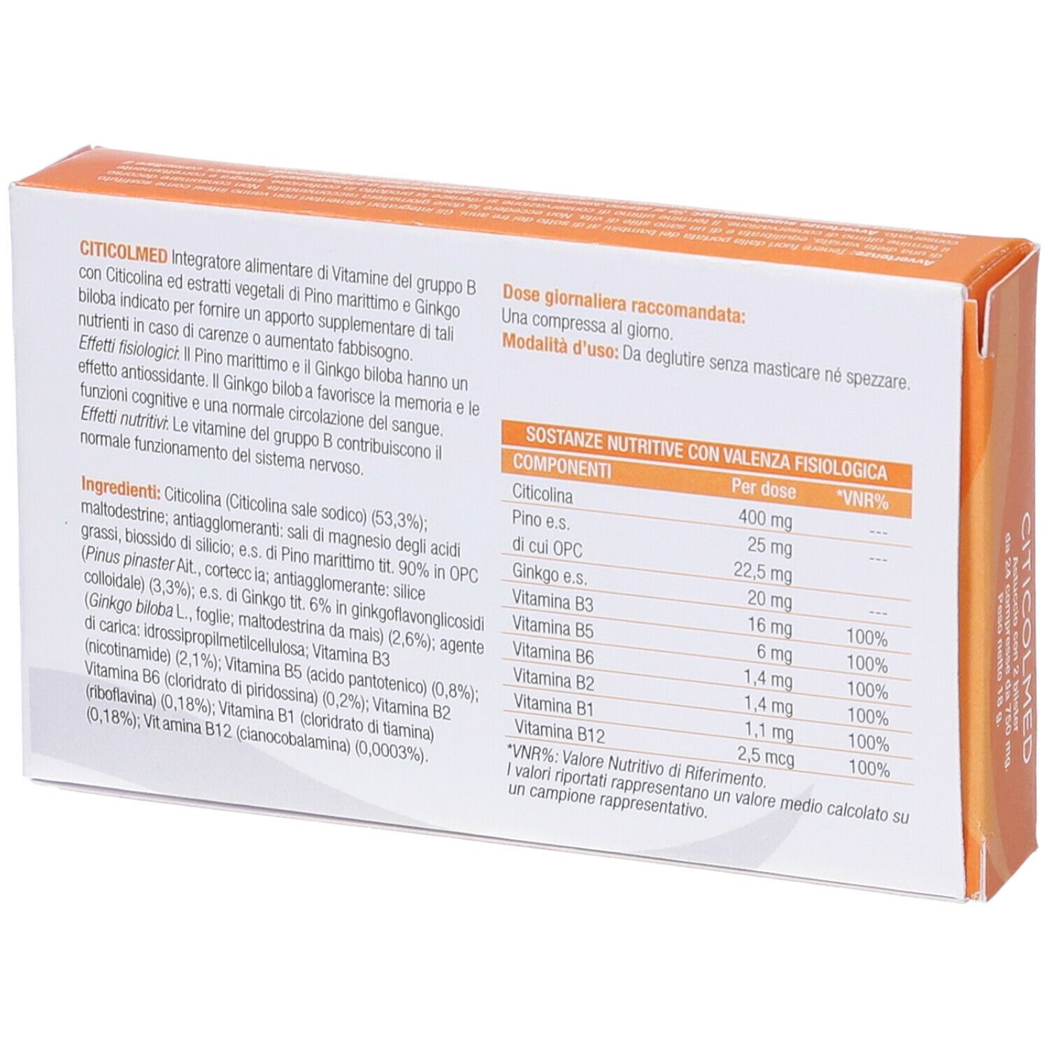 Retro della confezione Citicolmed. Contiene informazioni sugli ingredienti e i valori nutrizionali. Testo in italiano.
