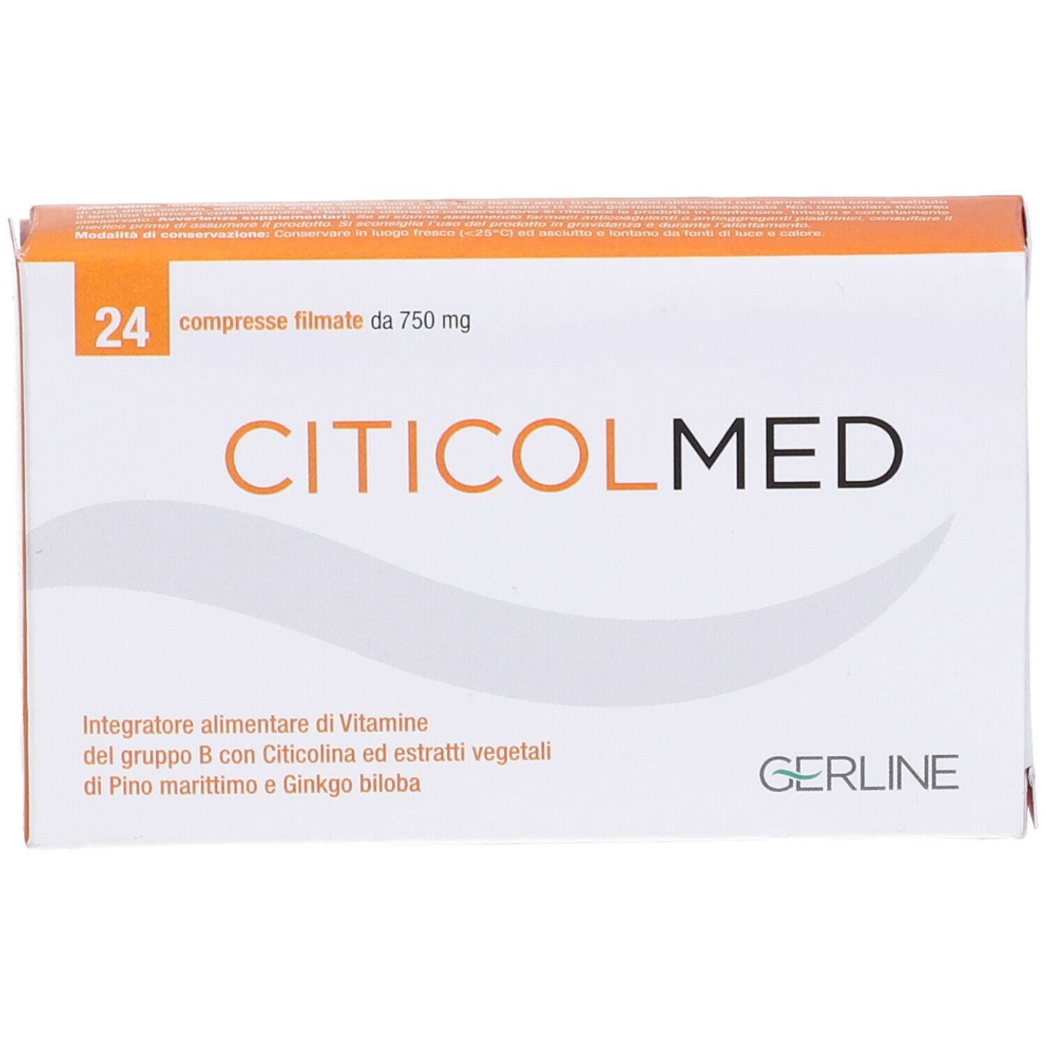 Scatola di Citicolmed, 24 compresse. Confezione bianca con dettagli arancioni. Nome del prodotto e marchio visibili.