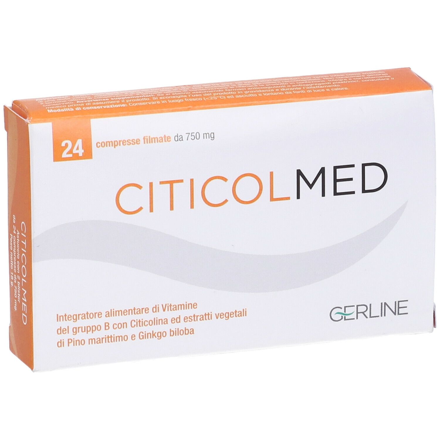Scatola di Citicolmed, 24 compresse. Confezione bianca con dettagli arancioni. Nome del prodotto e marchio visibili.