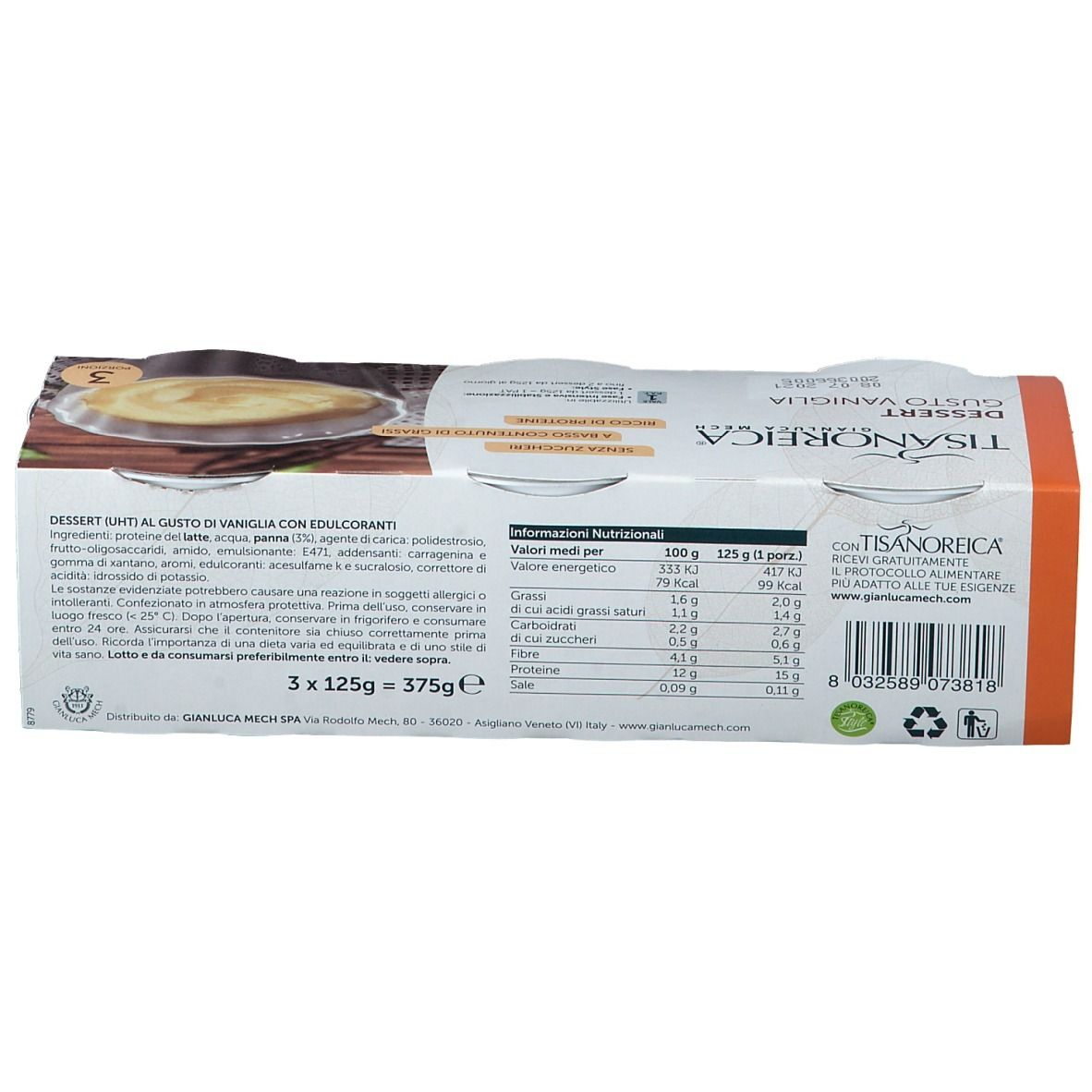 TISANOREICA® Dessert Vaniglia. Confezione con informazioni nutrizionali e lista ingredienti. 3 x 125g = 375g. Con codice a barre e simboli riciclo.
