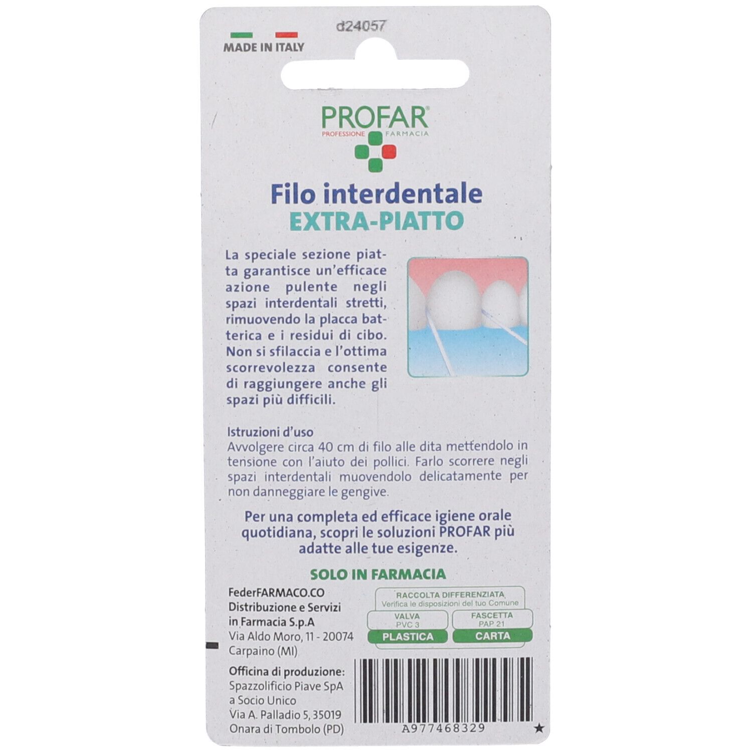 Retro della confezione blister. Testo e illustrazioni. Scritta: Profar, Filo interdentale Extra-piatto. Prodotto in Italia.