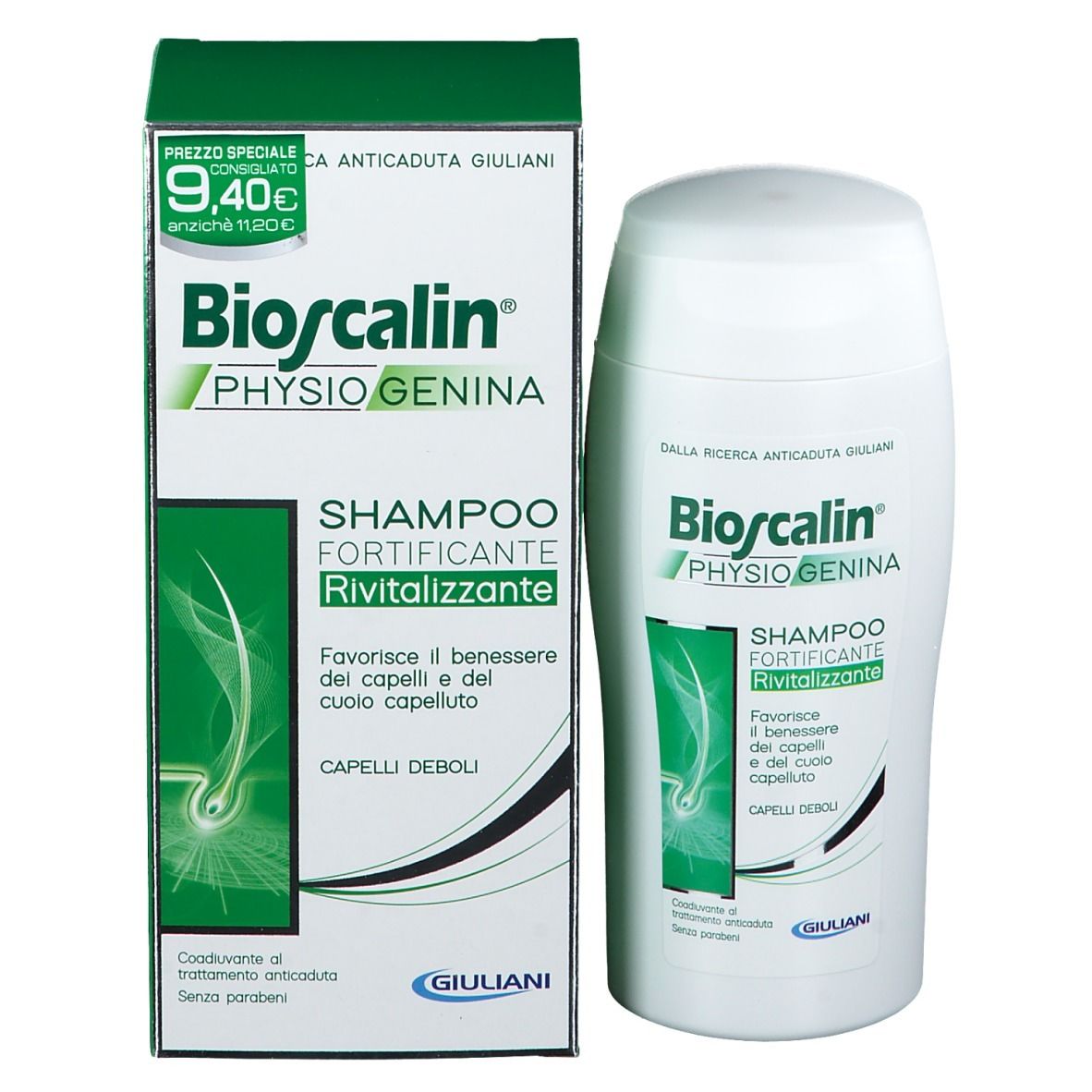 Bioscalin Shampoo e confezione. Confezione verde con nome e descrizione del prodotto. Etichetta prezzo.