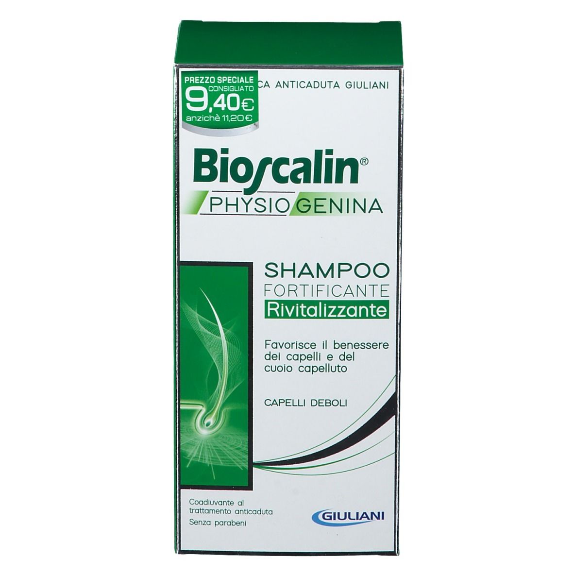 Confezione verde con nome e descrizione del prodotto. Scritta: Shampoo fortificante rivitalizzante. Logo Giuliani.