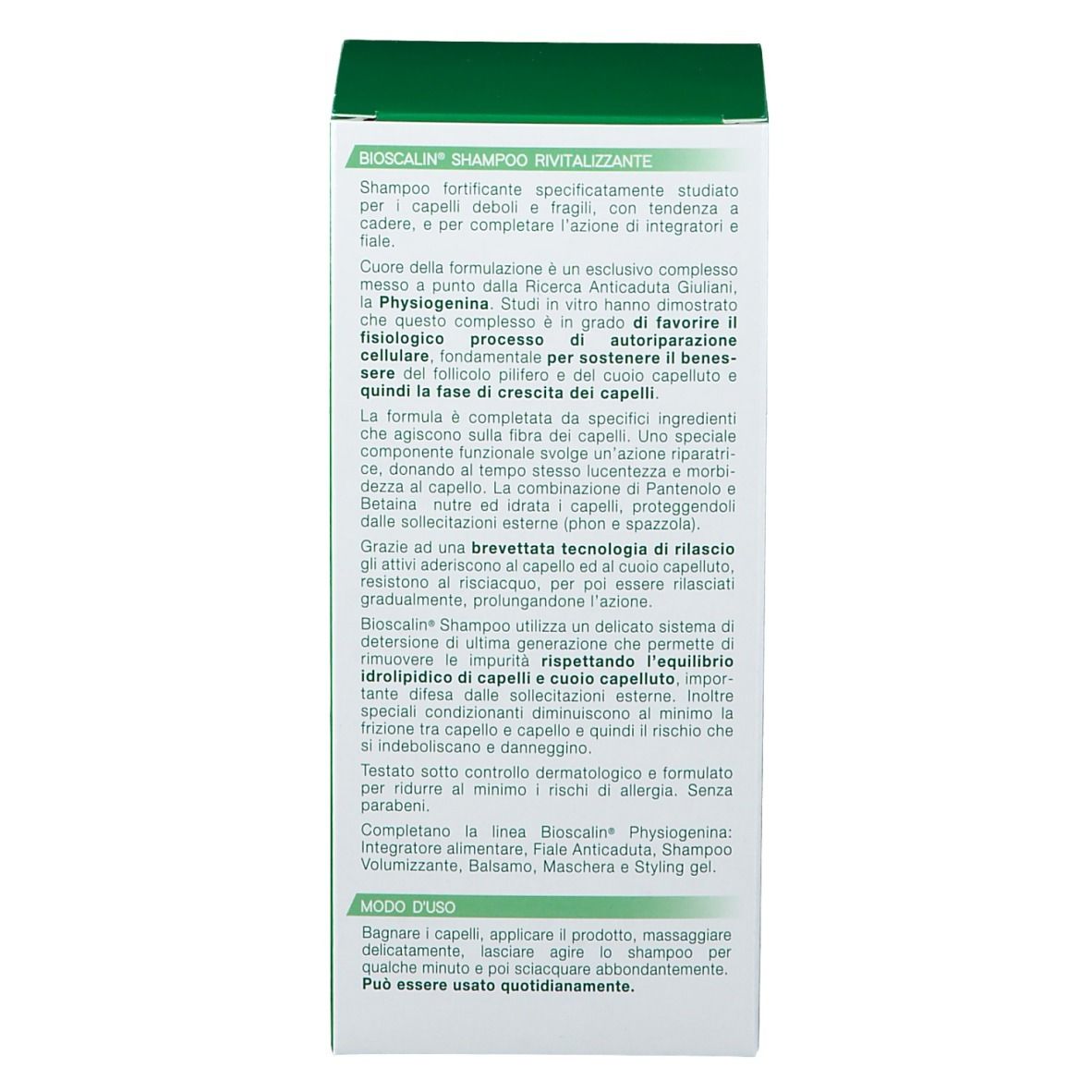 Testo sulla confezione. Descrizione del prodotto in italiano. Scritta: Bioscalin Shampoo rivitalizzante.