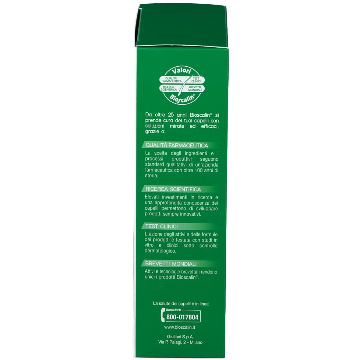 Testo sulla confezione. Informazioni sul prodotto. Scritta: Qualità farmaceutica, Ricerca scientifica.