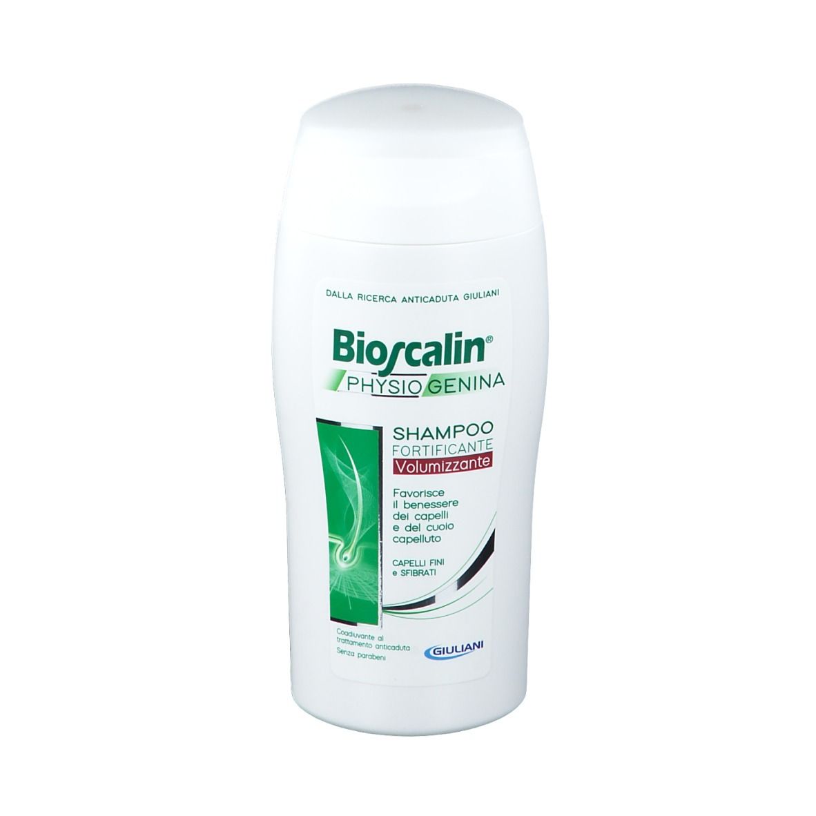 Flacone bianco di shampoo Bioscalin® Physiogenina. Logo e denominazione del prodotto visibili.
