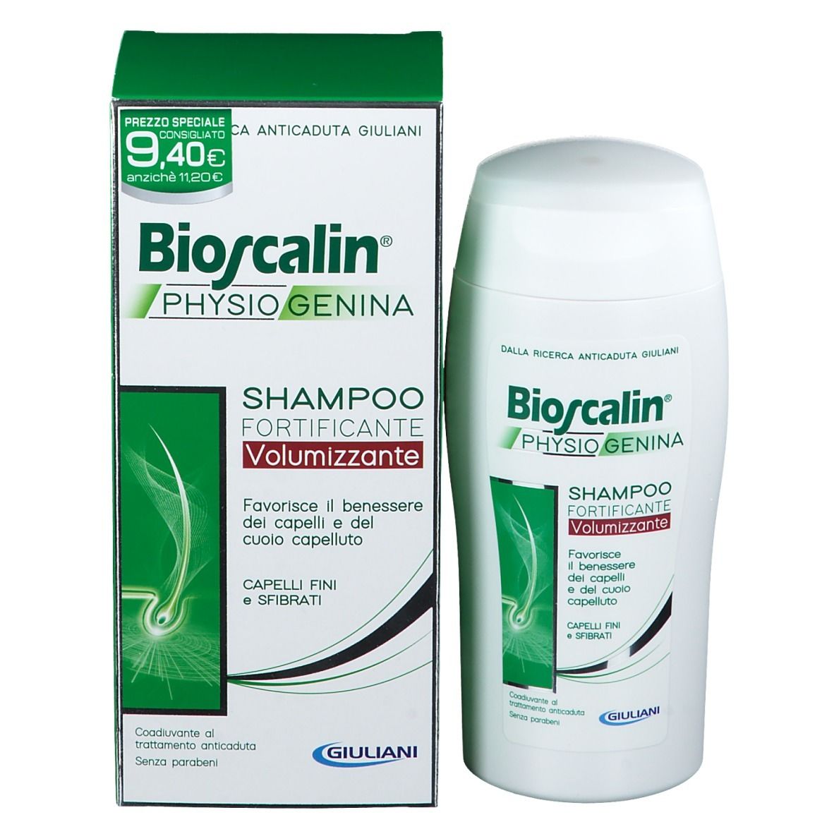 Shampoo Bioscalin® e confezione. Flacone accanto alla scatola verde. Nome del prodotto e logo.