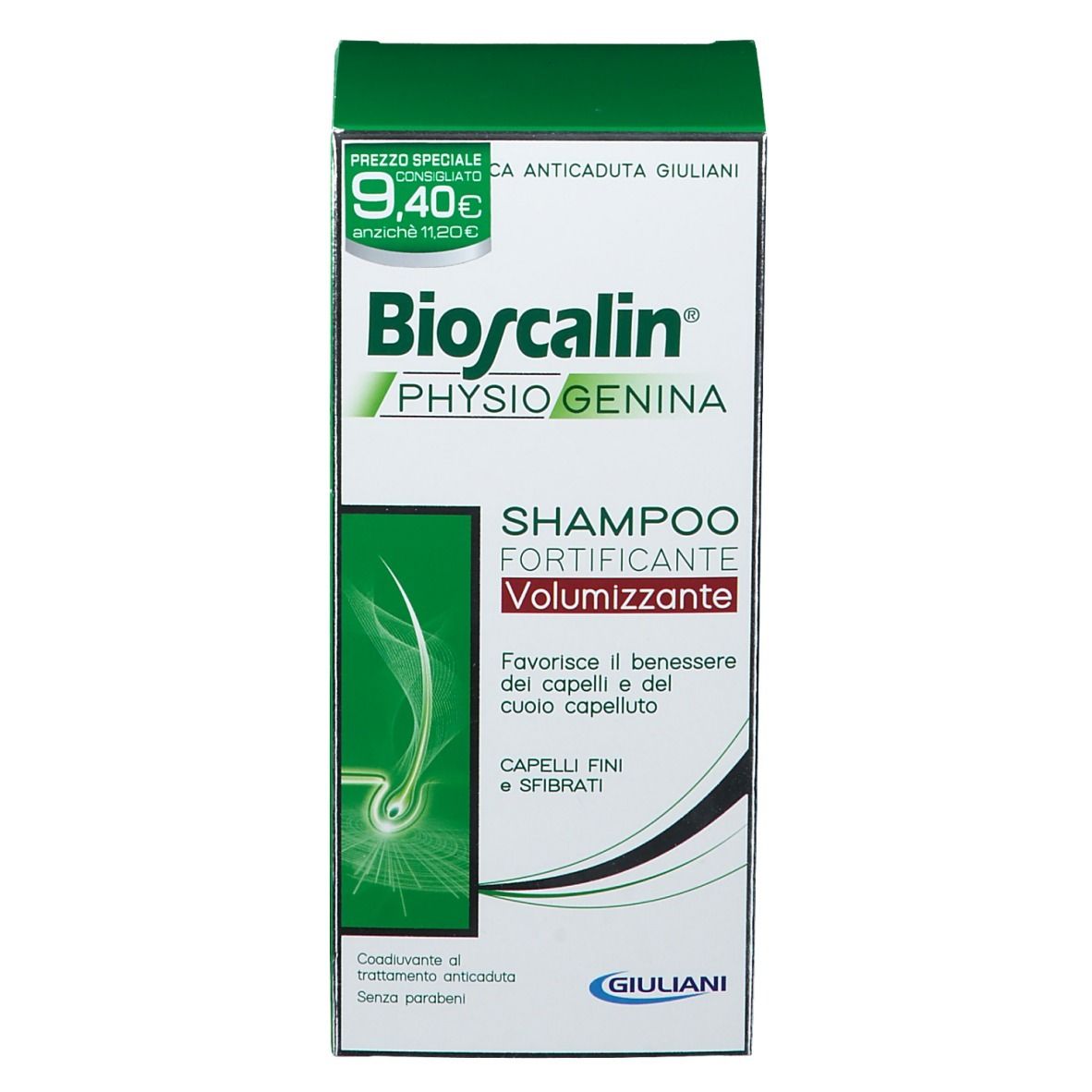 Confezione verde di shampoo Bioscalin®. Nome del prodotto, logo ed etichetta del prezzo visibili.