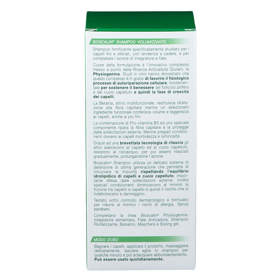 Retro della confezione verde dello shampoo Bioscalin®. Informazioni testuali e istruzioni per l'uso.