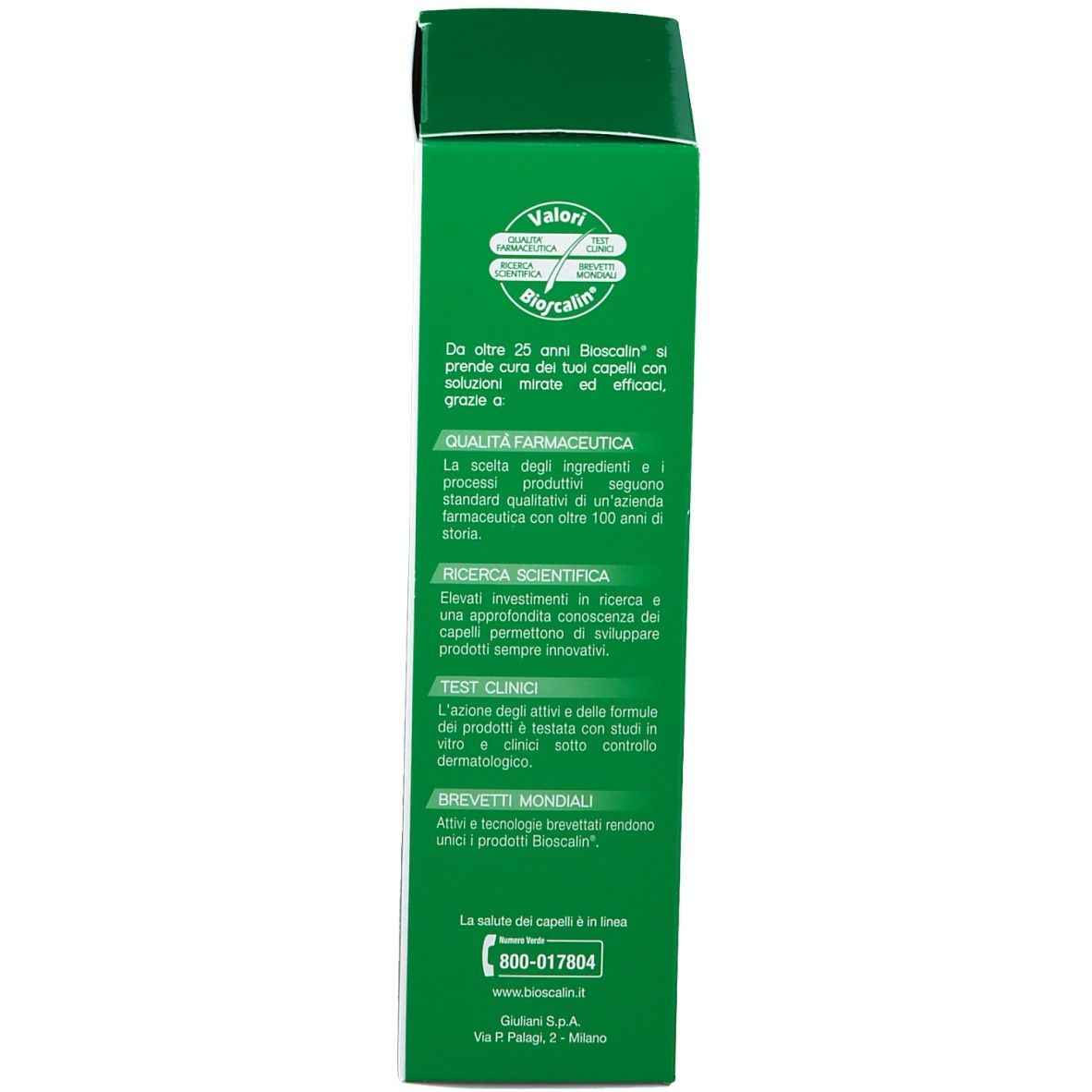 Retro della confezione verde dello shampoo Bioscalin®. Informazioni sulla qualità e contatti.