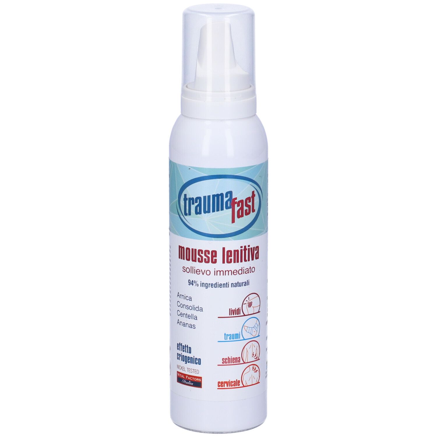 Flacone bianco con erogatore. Scritta: trauma fast, mousse lenitiva. 94% ingredienti naturali. Ingredienti.