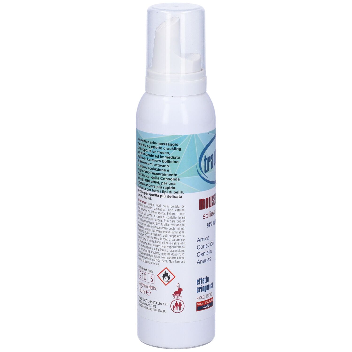 Flacone bianco con erogatore. Scritta: trauma fast, mousse lenitiva. 94% ingredienti naturali. Ingredienti.
