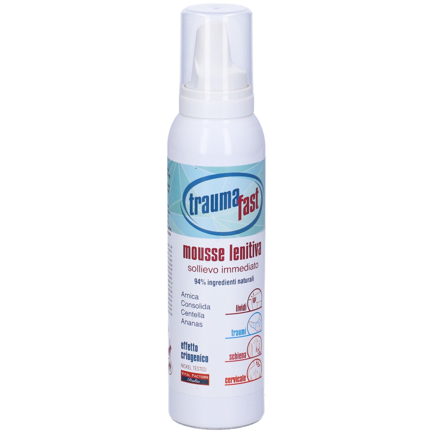 Flacone bianco con erogatore. Scritta: trauma fast, mousse lenitiva. 94% ingredienti naturali. Ingredienti.