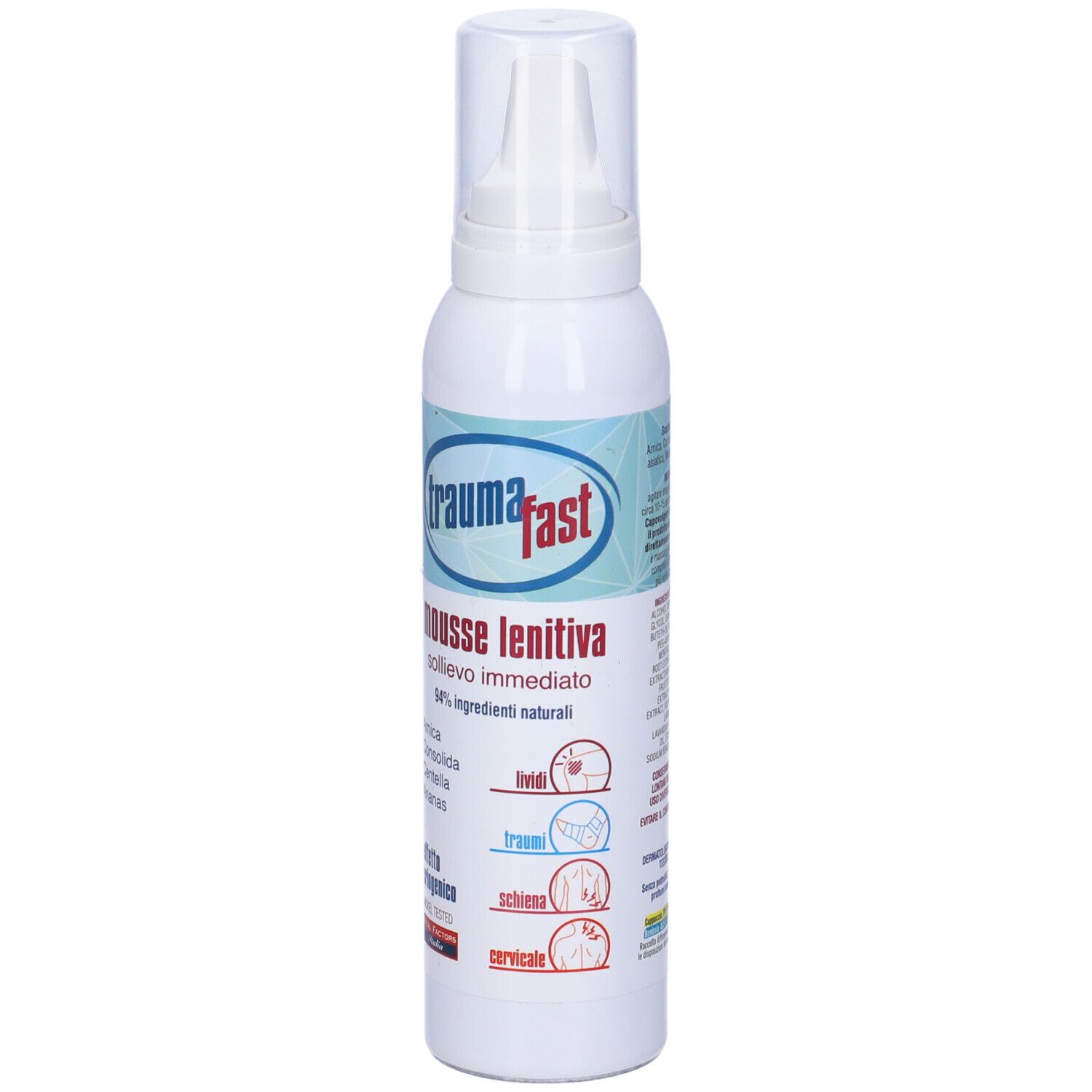 Flacone bianco con erogatore. Scritta: trauma fast, mousse lenitiva. 94% ingredienti naturali. Ingredienti.