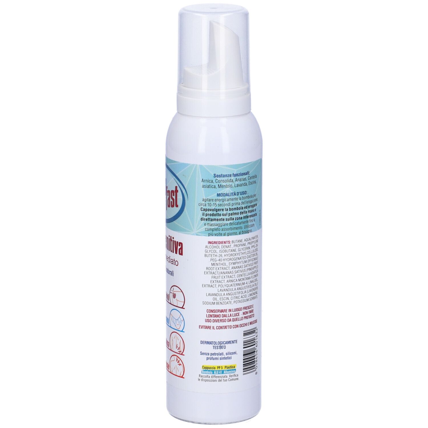 Flacone bianco con erogatore. Scritta: trauma fast, mousse lenitiva. 94% ingredienti naturali. Ingredienti.