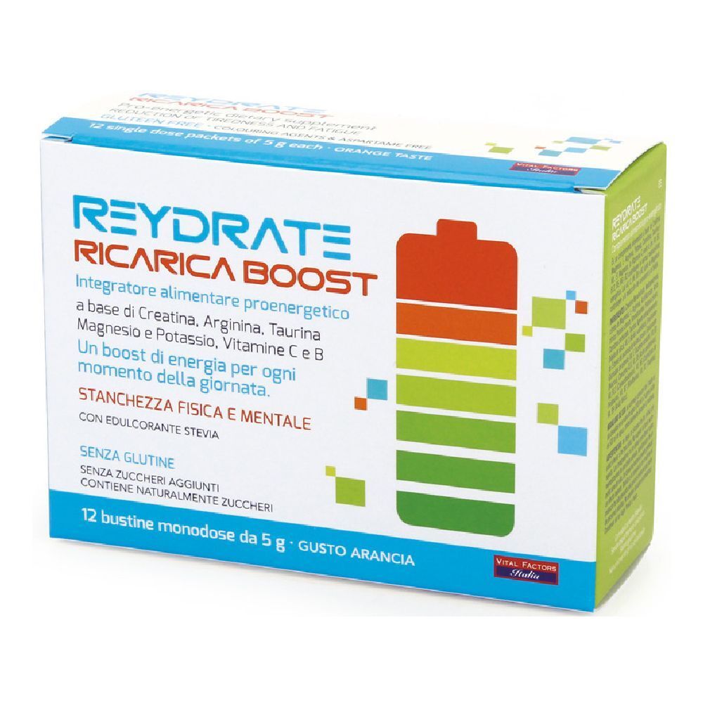 Scatola di Reydrate Ricarica Boost. Contiene 12 bustine. Testo: 'Stanchezza fisica e mentale'.