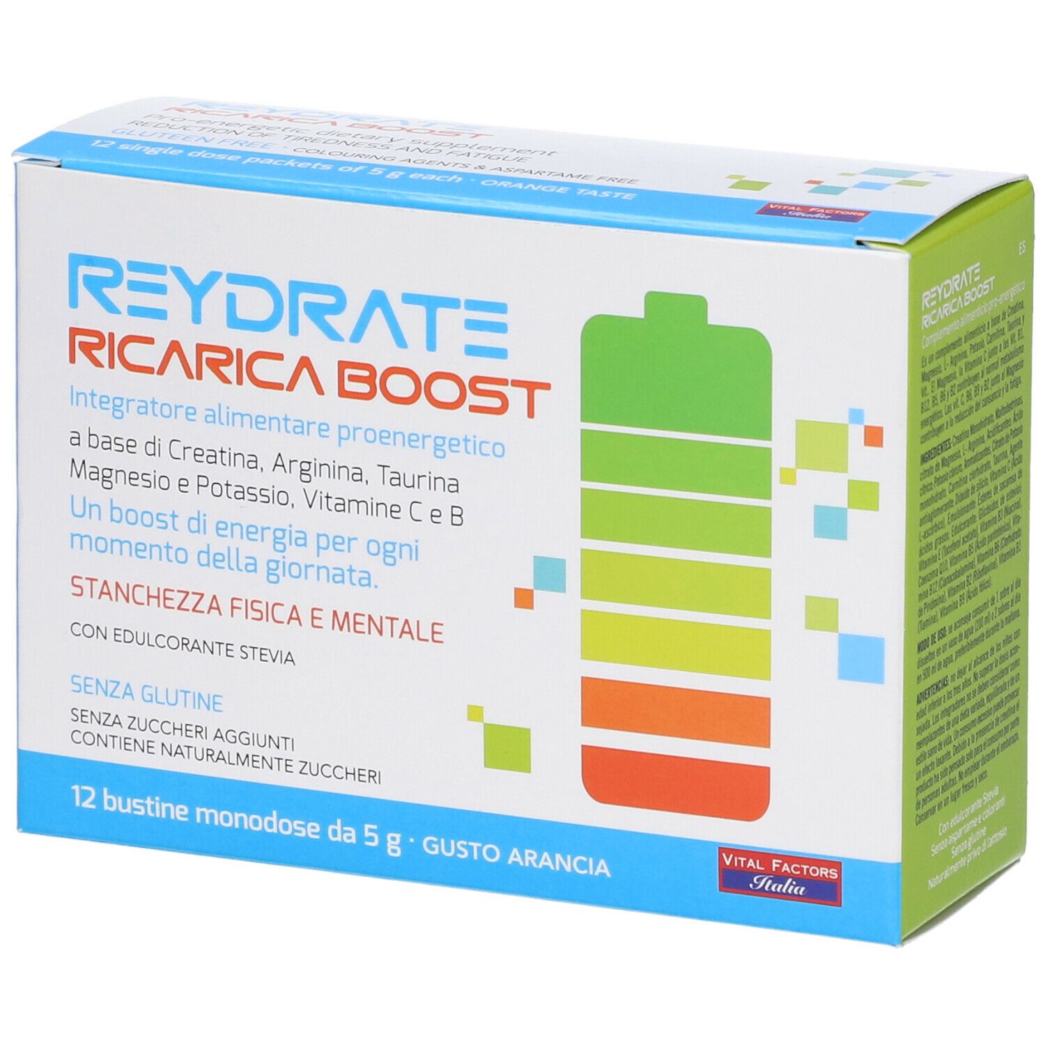 Scatola di Reydrate Ricarica Boost. 12 bustine. Simbolo batteria. Testo: 'Vital Factors Italia'.