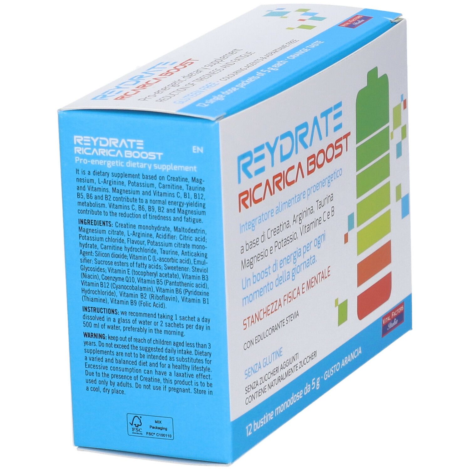 Scatola Reydrate Ricarica Boost. 12 bustine. Testo: 'Pro-energetic dietary supplement'.