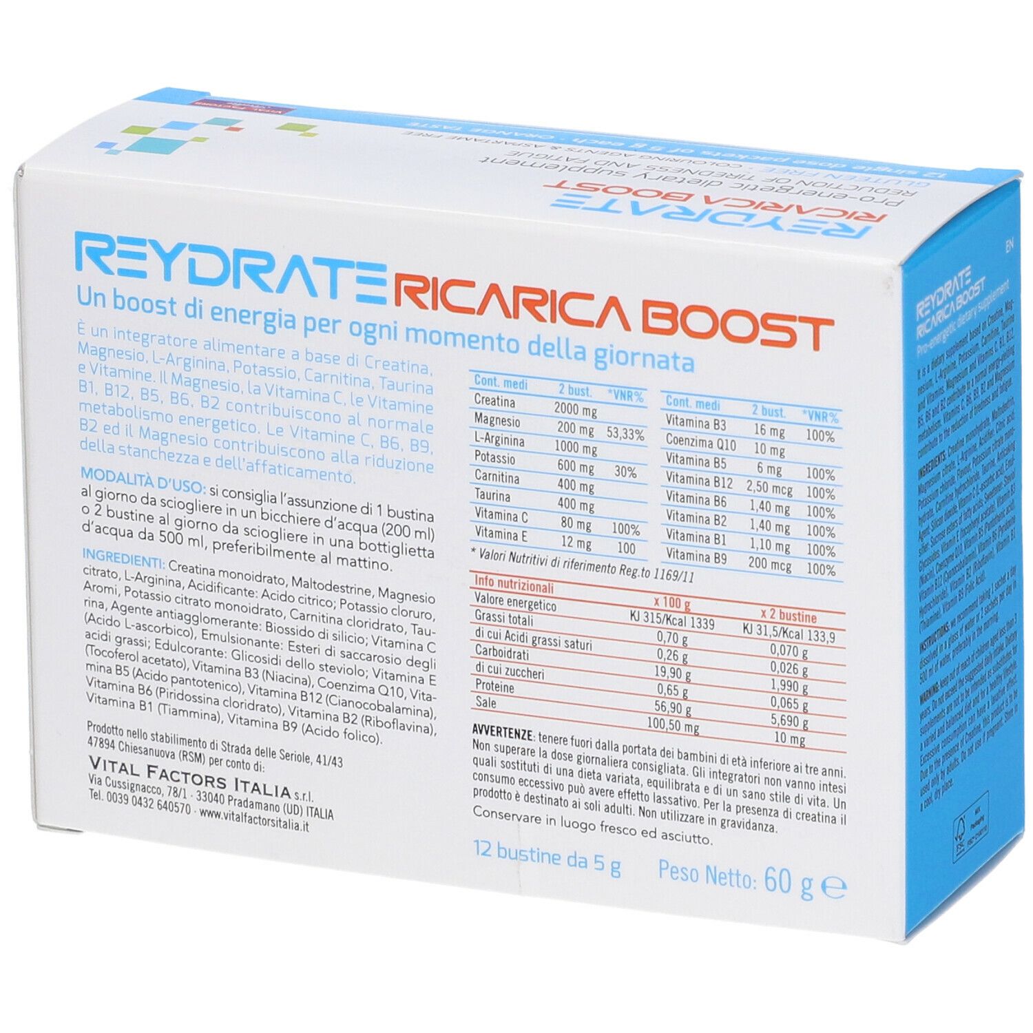 Retro della scatola Reydrate Ricarica Boost. Contiene informazioni nutrizionali e ingredienti.