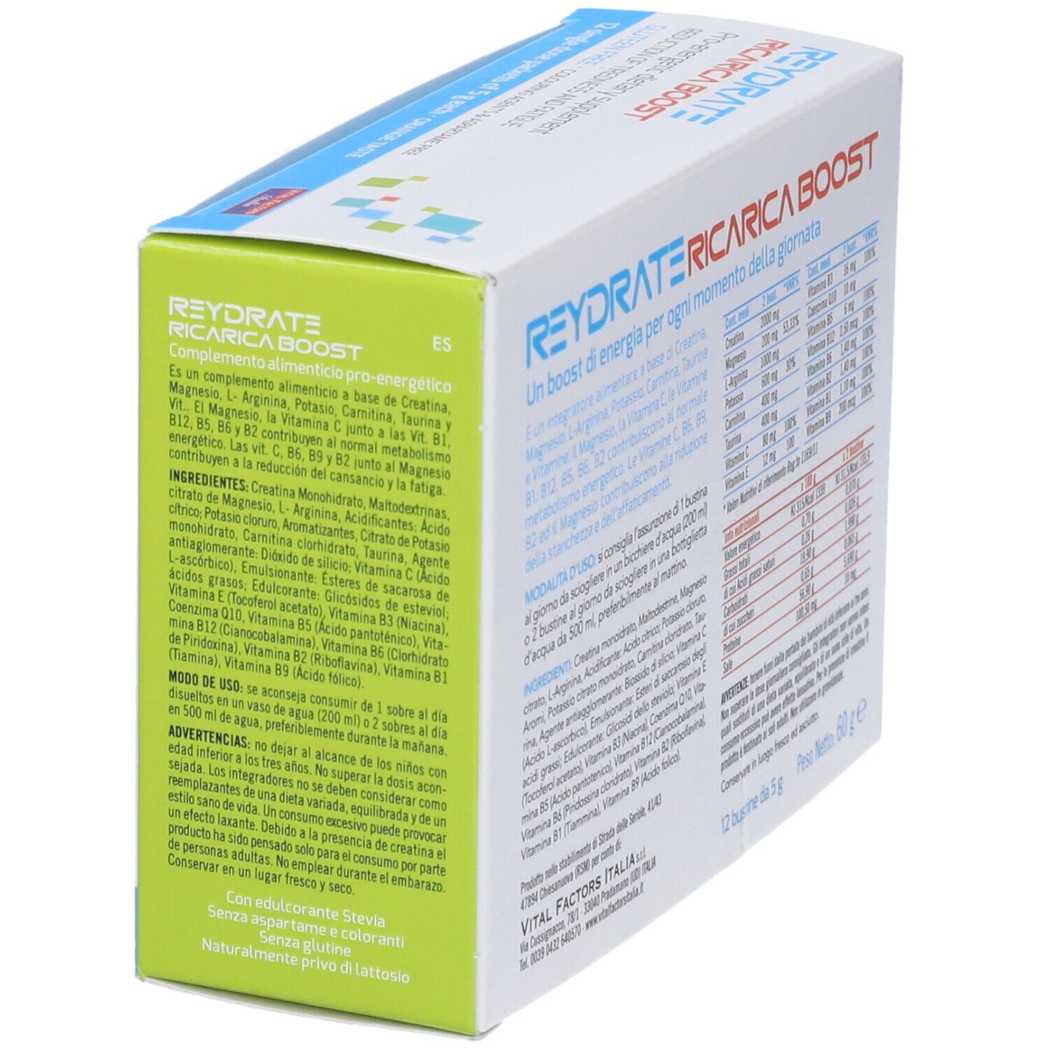Scatola Reydrate Ricarica Boost. Contiene informazioni su ingredienti e utilizzo.