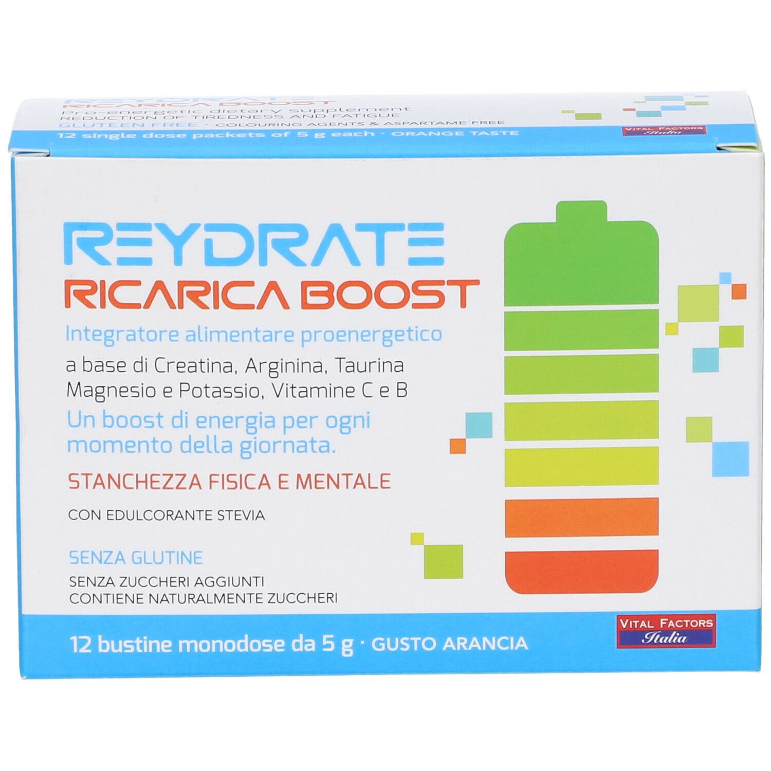 Scatola Reydrate Ricarica Boost. 12 bustine. Simbolo batteria. Testo: 'Gusto Arancia'.