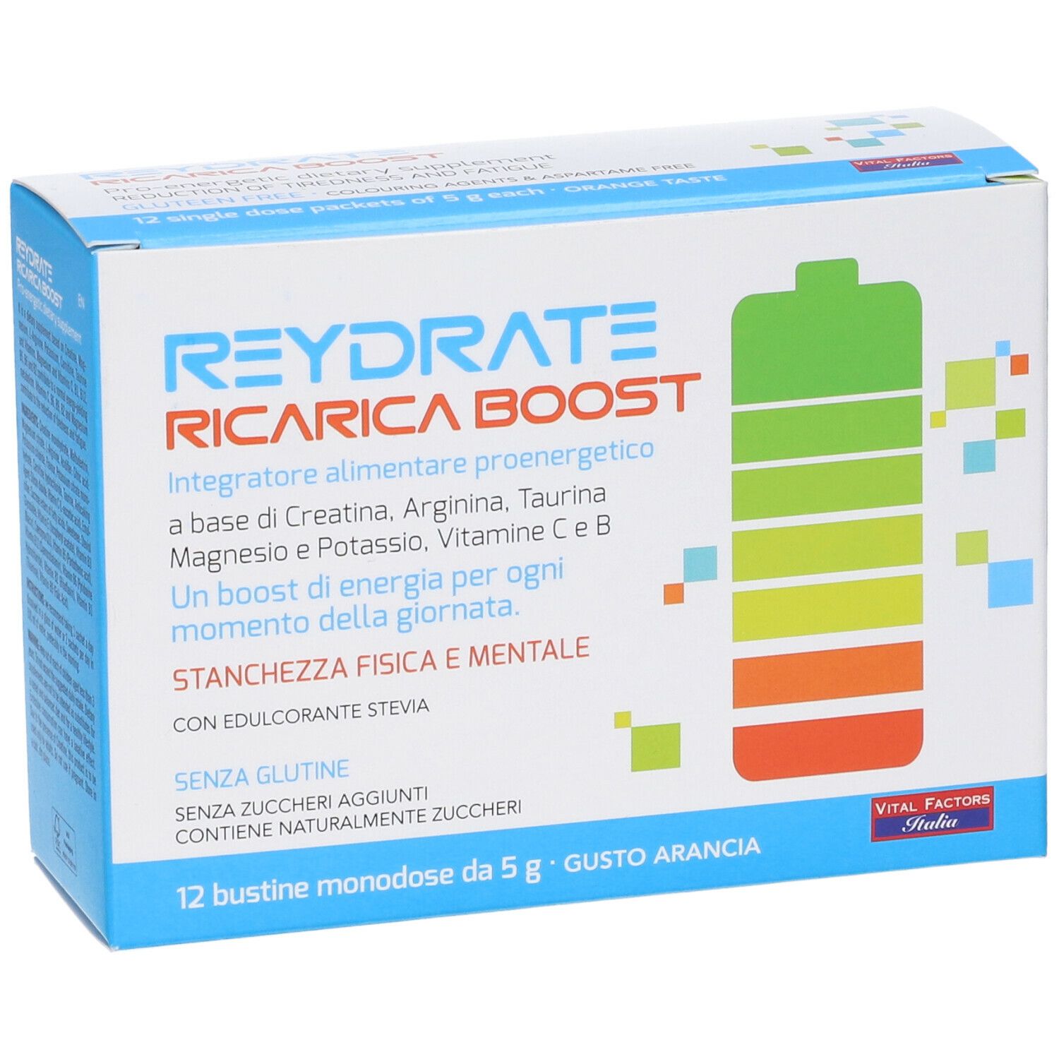 Scatola Reydrate Ricarica Boost. 12 bustine. Testo: 'Vital Factors Italia'.