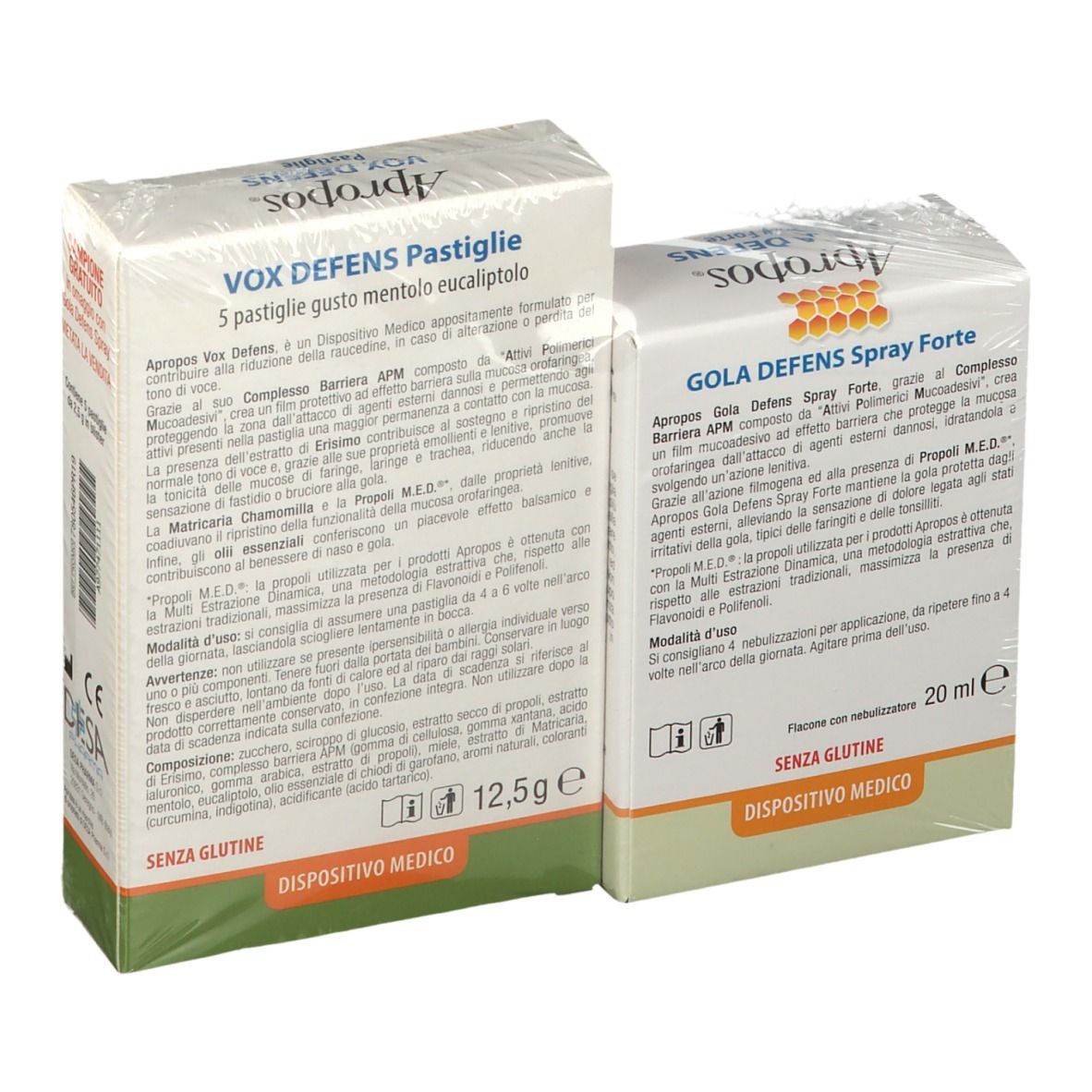 Retro di due scatole Apropos GOLA DEFENS. A sinistra: GOLA DEFENS Spray Forte. A destra: VOX DEFENS Pastiglie. Testo in italiano. « Dispositivo Medico ».