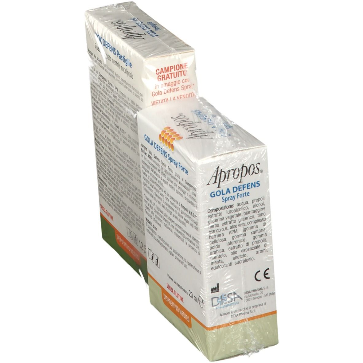 Due scatole Apropos GOLA DEFENS, confezionate in pellicola. A sinistra: GOLA DEFENS Spray Forte. A destra: VOX DEFENS Pastiglie. Scritta: « Campione Gratuito ».