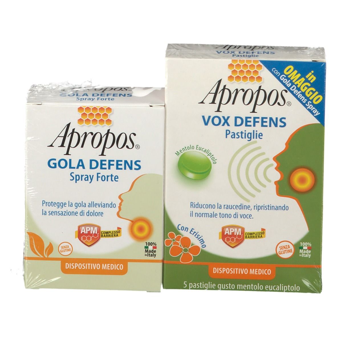 Due scatole Apropos GOLA DEFENS, confezionate in pellicola. A sinistra: GOLA DEFENS Spray Forte. A destra: VOX DEFENS Pastiglie. Scritta: « Dispositivo Medico ».