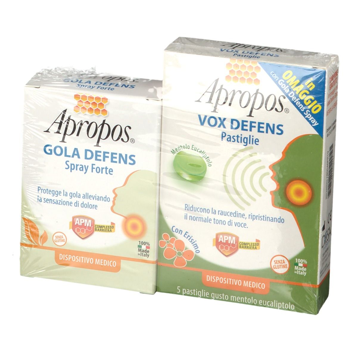 Due scatole Apropos GOLA DEFENS, confezionate in pellicola. A sinistra: GOLA DEFENS Spray Forte. A destra: VOX DEFENS Pastiglie. Scritta: « Dispositivo Medico ».
