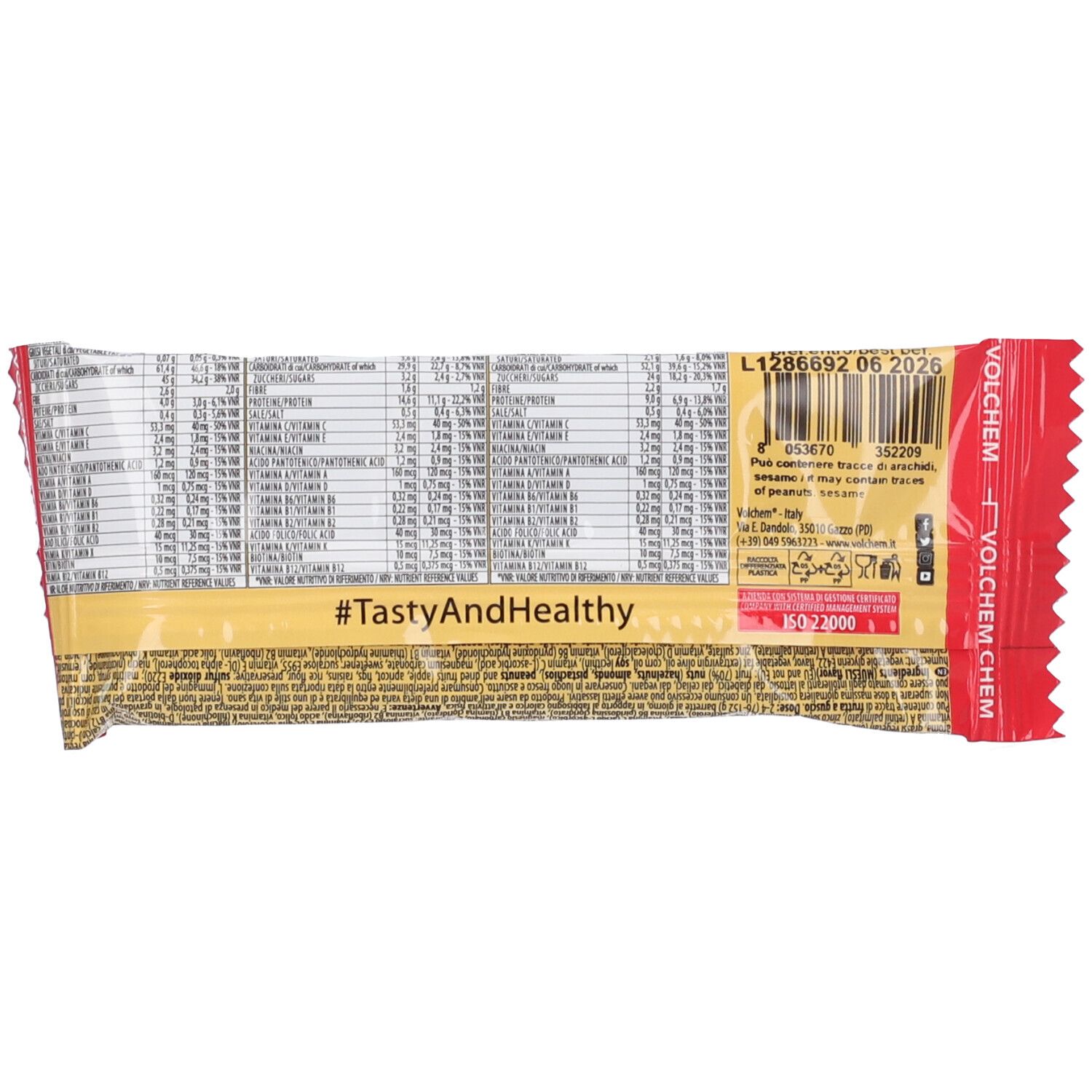 Retro della barretta energetica. Contiene informazioni nutrizionali e data di scadenza. Con la scritta #TastyAndHealthy.