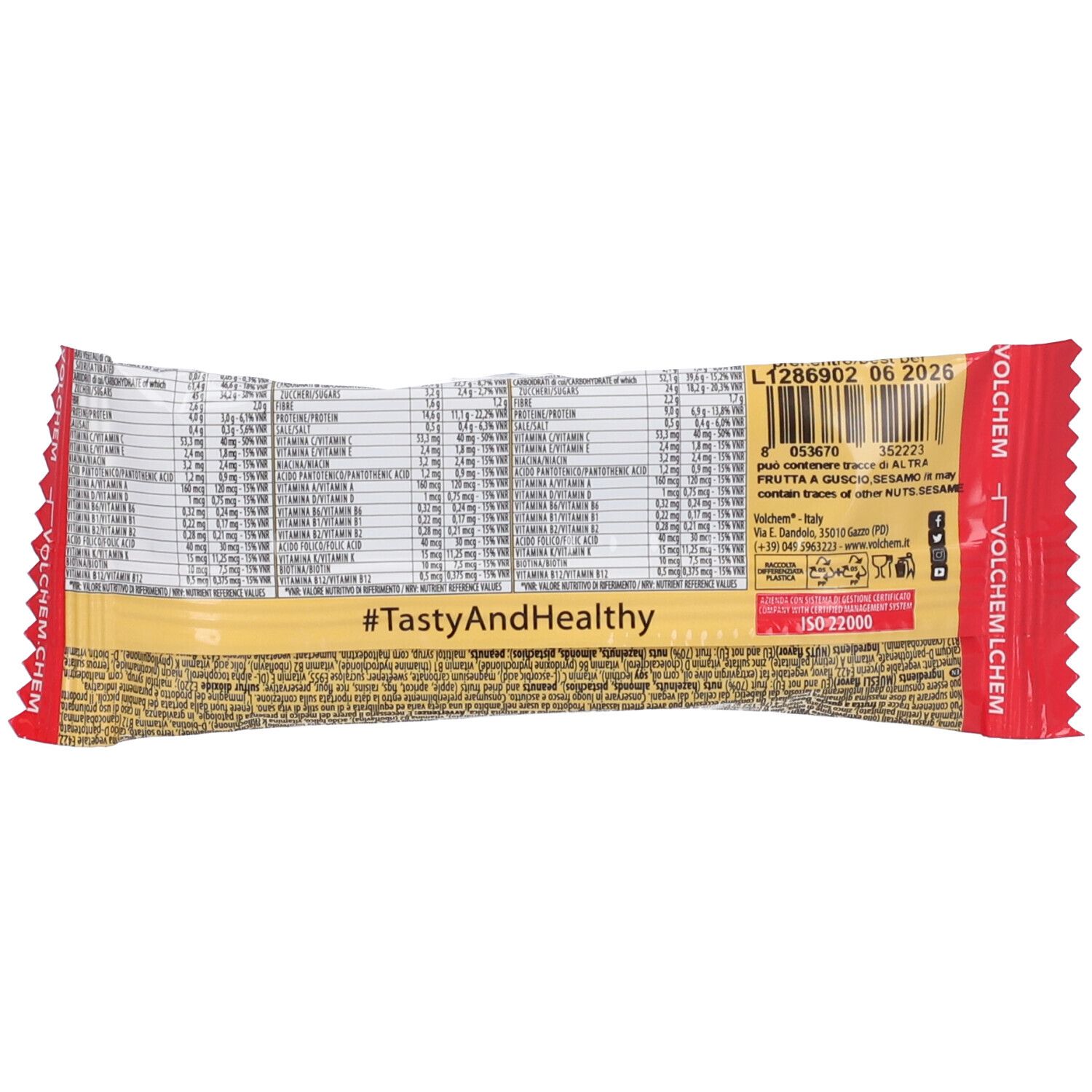 Retro della confezione della barretta energetica. Contiene informazioni nutrizionali, elenco ingredienti e informazioni produttore. Con hashtag #TastyAndHealthy.