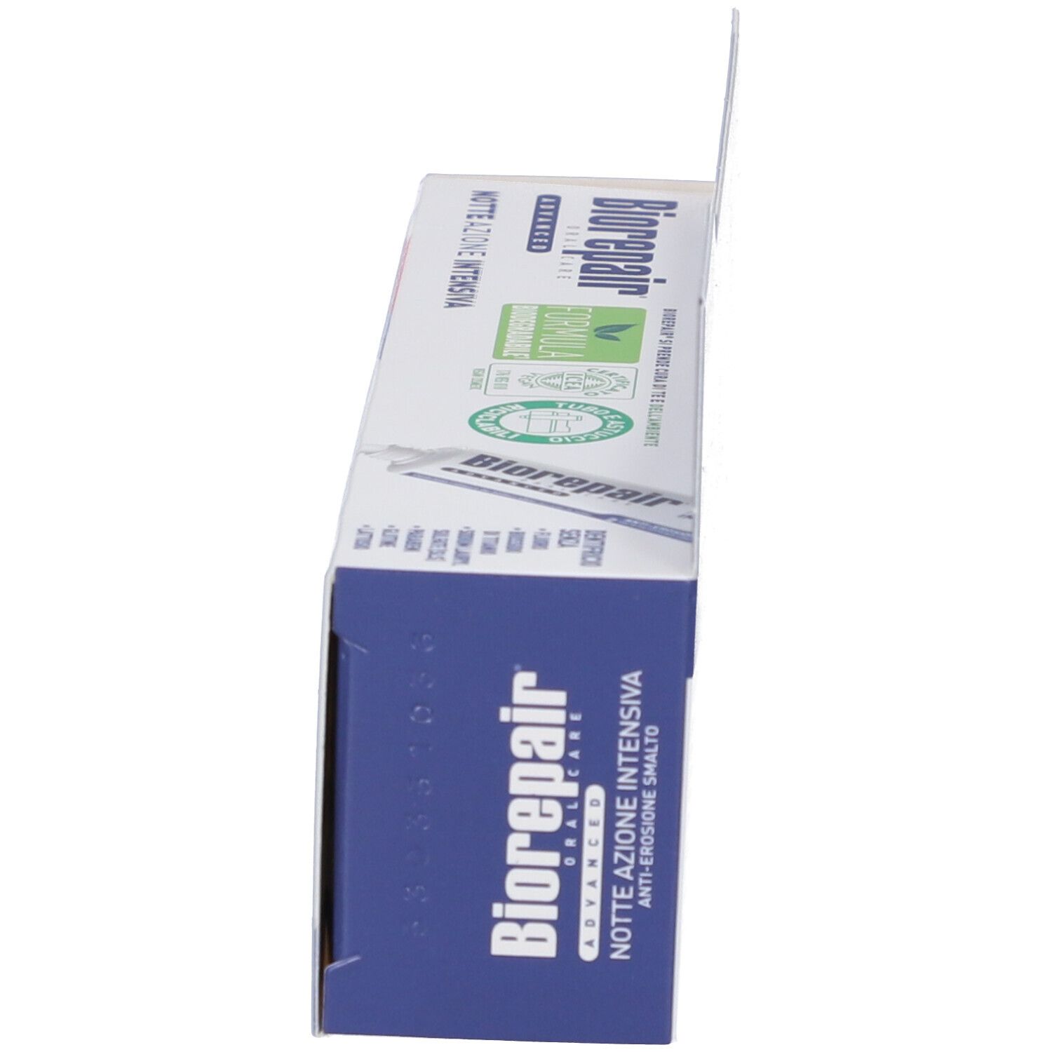 Vista laterale della scatola Biorepair® Intensivo Notte Anti-erosione. Nome del prodotto e testo. Gancio trasparente.