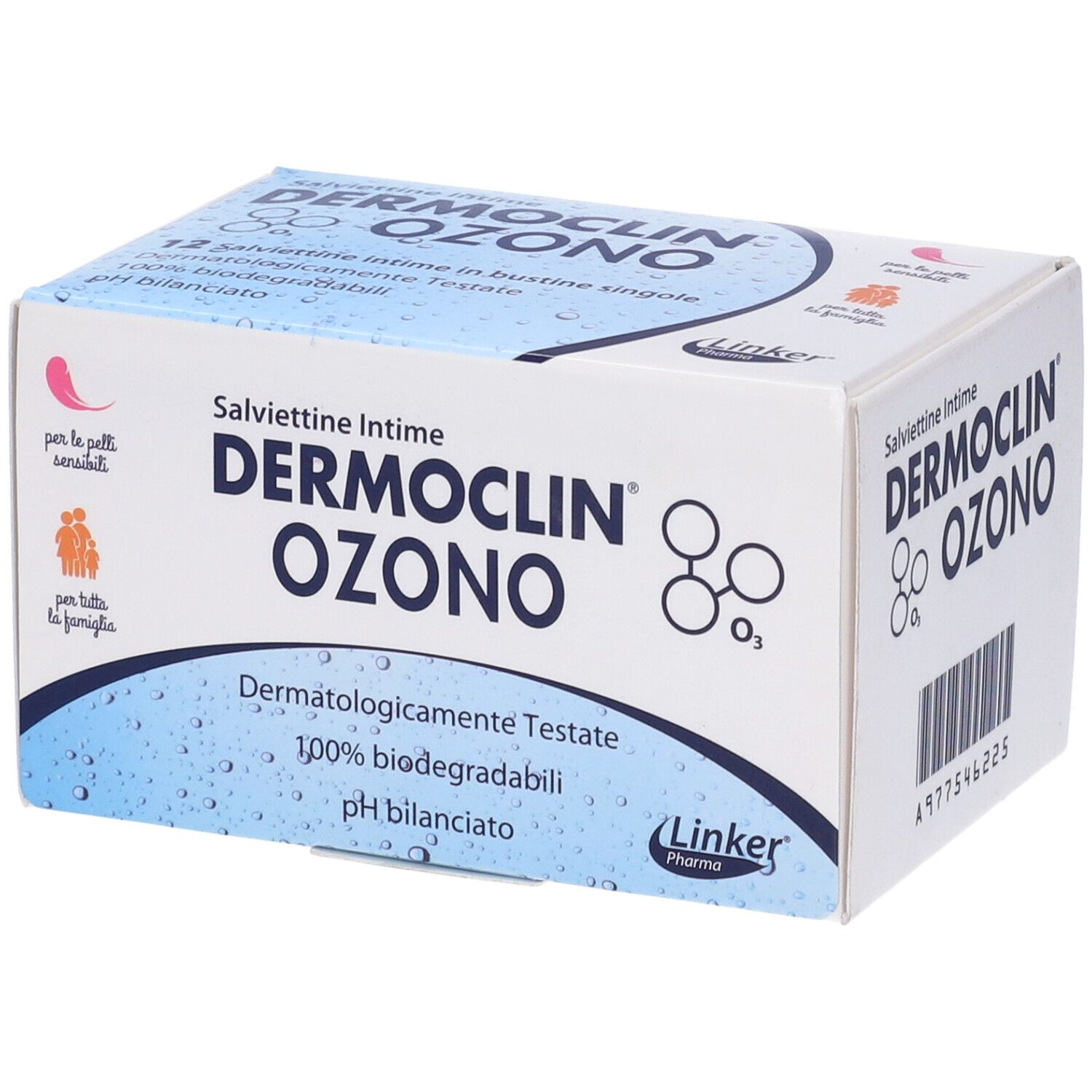 Scatola con stampa del prodotto. Testo: Dermoclin Ozo, Salviettine Intime, 12 pezzi, pH bilanciato. Dermatologicamente testato.