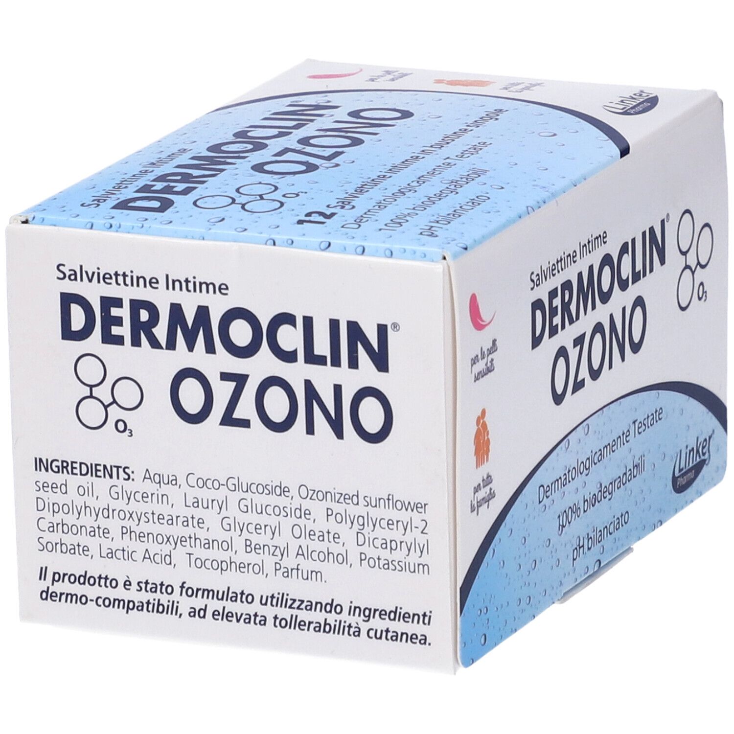 Scatola con stampa del prodotto e ingredienti. Testo: Dermoclin Ozo, Salviettine Intime, 12 pezzi, pH bilanciato. Dermatologicamente testato.