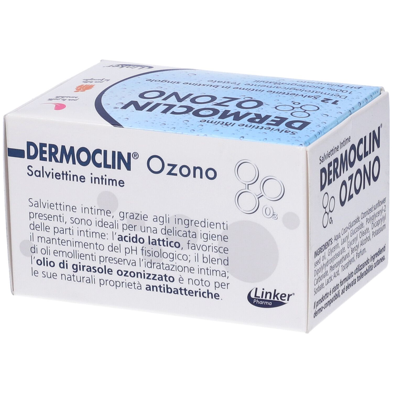 Scatola con stampa del prodotto. Testo: Dermoclin Ozo, Salviettine Intime. Logo Linker Pharma. Descrizione del prodotto in italiano.