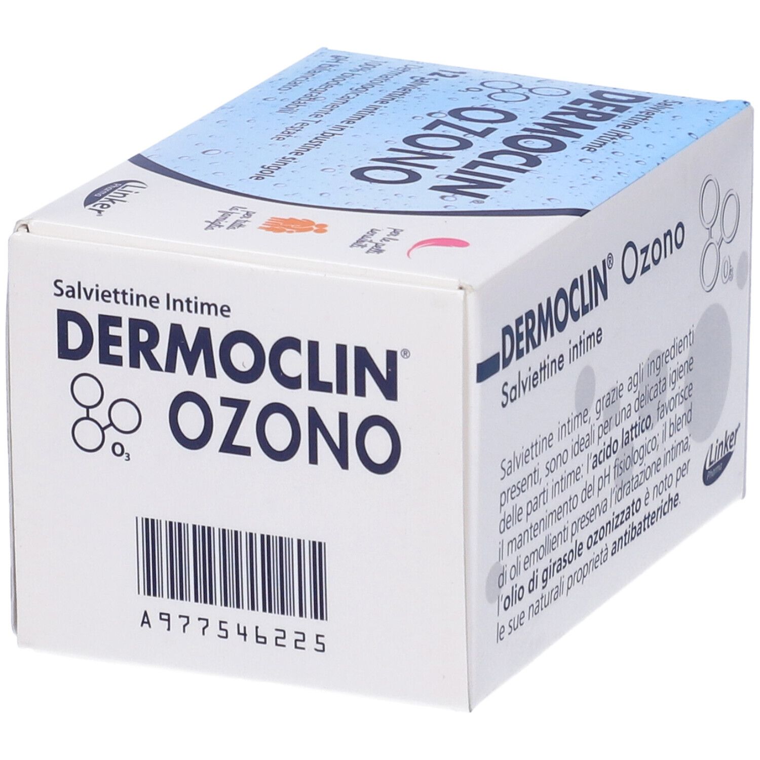 Scatola con stampa del prodotto. Testo: Dermoclin Ozo, Salviettine Intime. Logo Linker Pharma. Codice a barre.