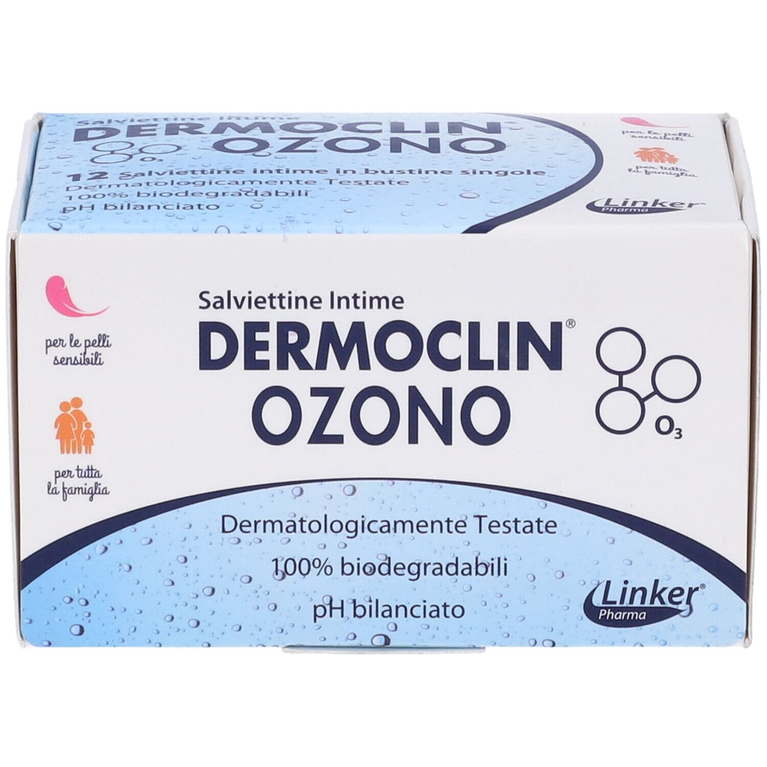 Scatola con stampa del prodotto. Testo: Dermoclin Ozo, Salviettine Intime, 12 pezzi, pH bilanciato. Dermatologicamente testato. Per tutta la famiglia.