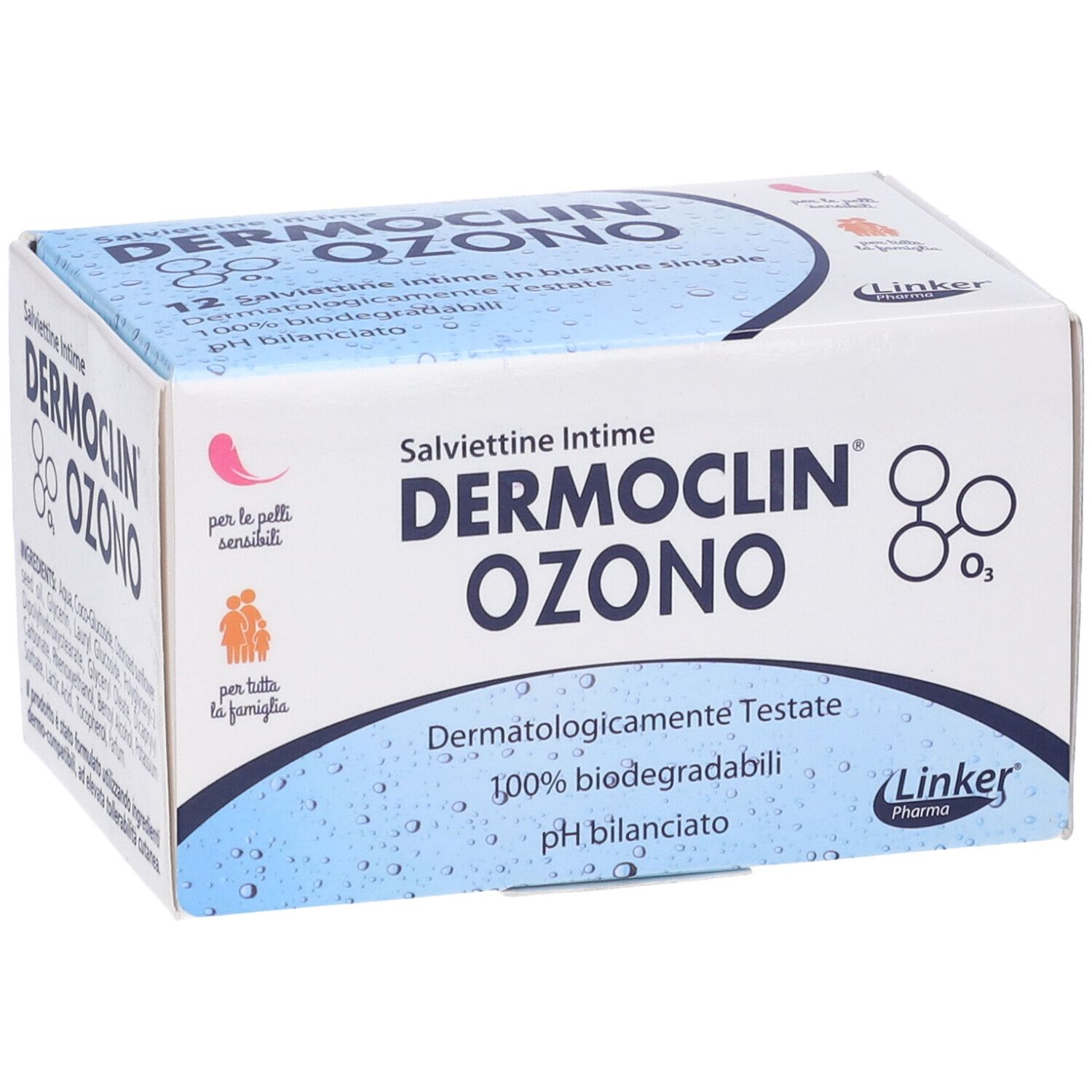 Scatola con stampa del prodotto. Testo: Dermoclin Ozo, Salviettine Intime, 12 pezzi, pH bilanciato. Dermatologicamente testato. Per pelli sensibili.