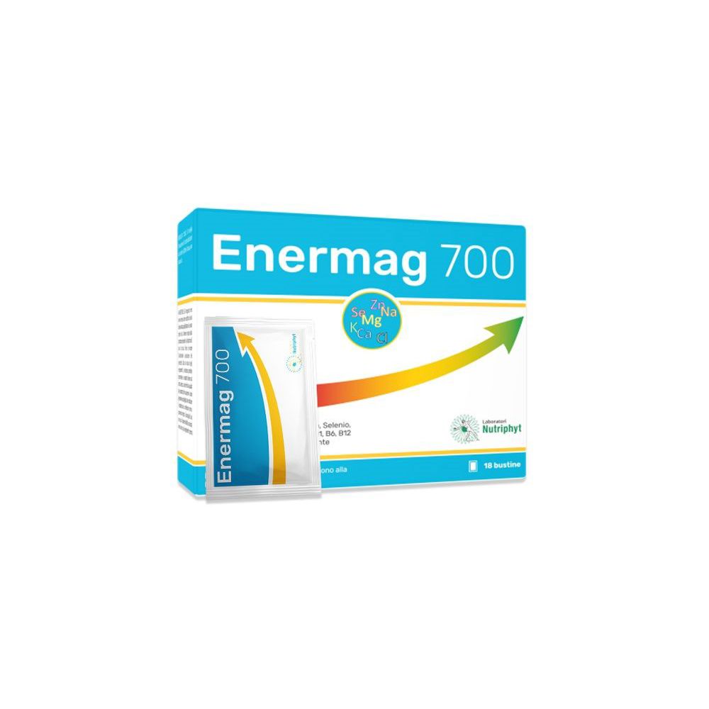 Scatola blu e bianca con scritta "Enermag 700". Una bustina singola accanto. Stampe: Mg, freccia, logo.