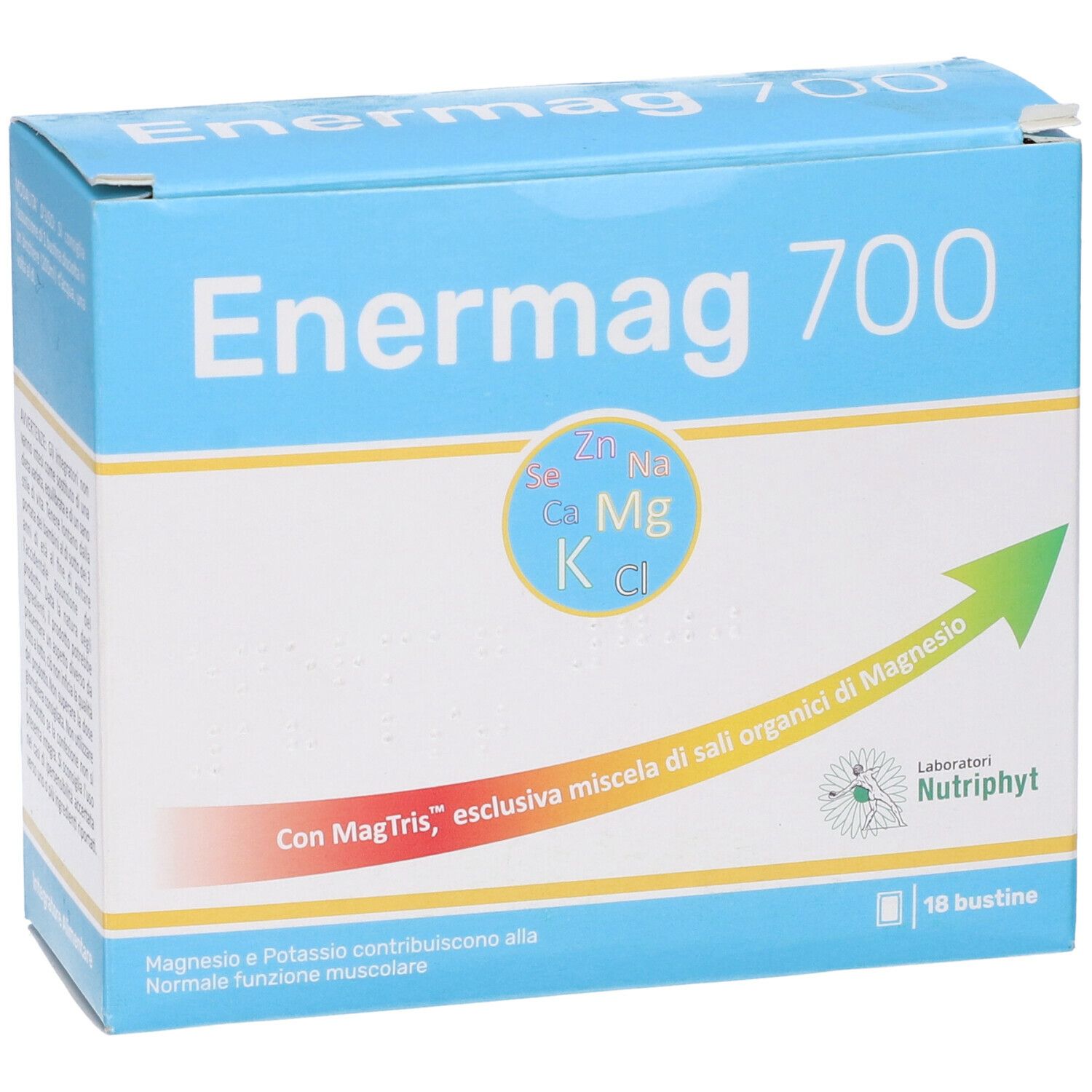 Scatola blu con scritta "Enermag 700". Stampe: Mg, Zn, Na, Ca, K, Cl, freccia, logo, "Con MagTris", 18 bustine. Testo in italiano.