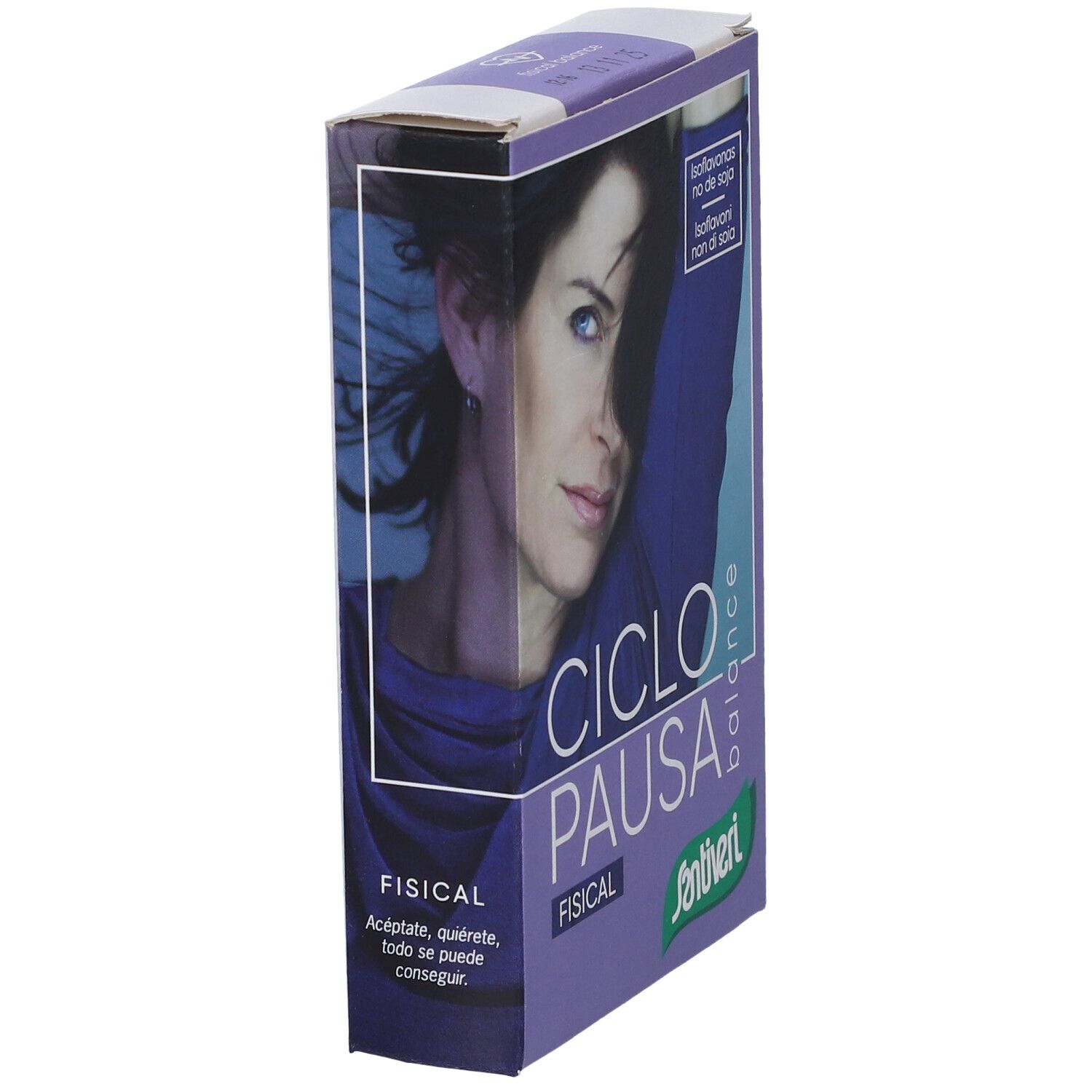 Confezione Ciclopausa Fisical Balance. Scatola viola con ritratto, nome prodotto e testo. Contiene isoflavoni.