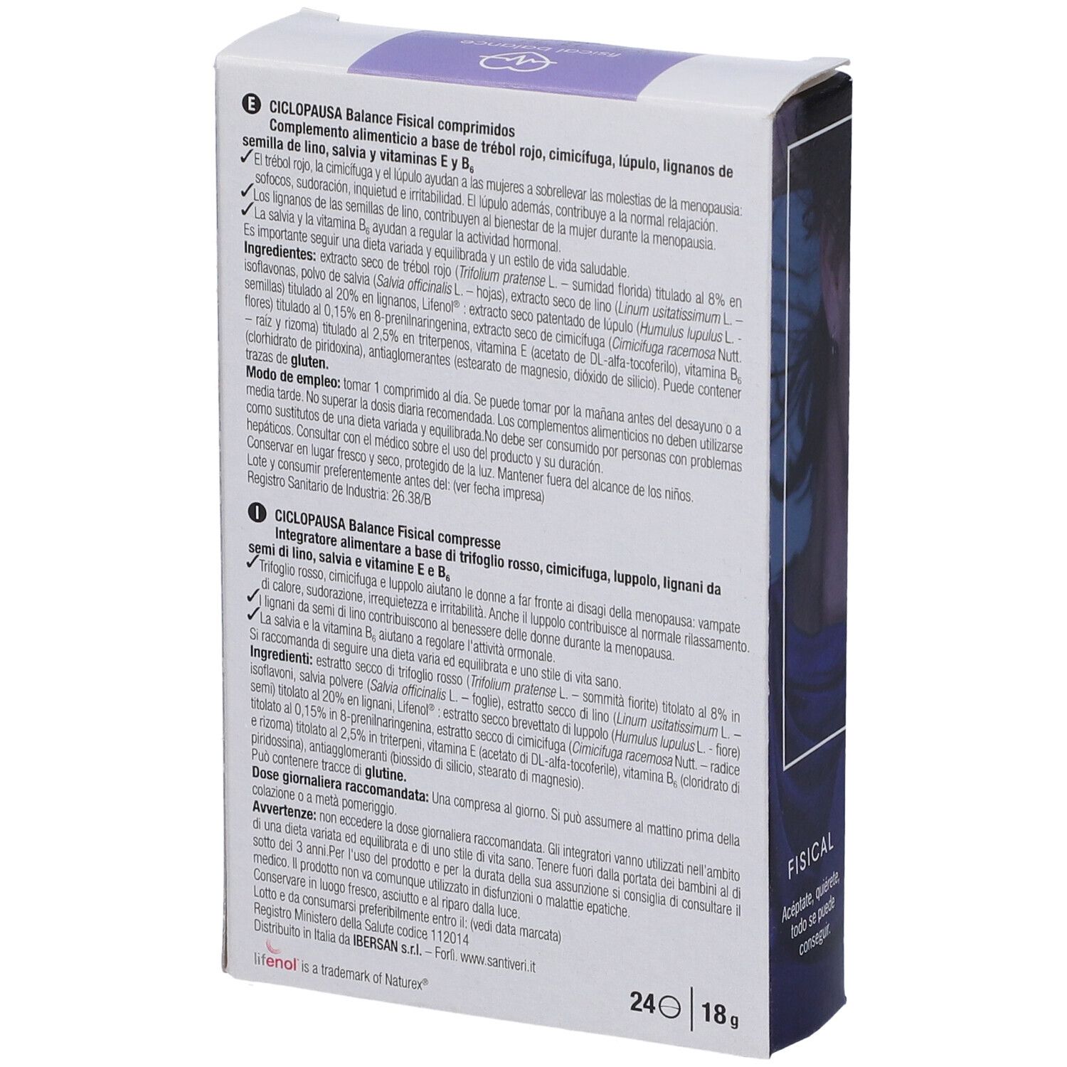 Retro confezione Ciclopausa Fisical Balance. Testo multilingue, ingredienti e istruzioni per l'uso.